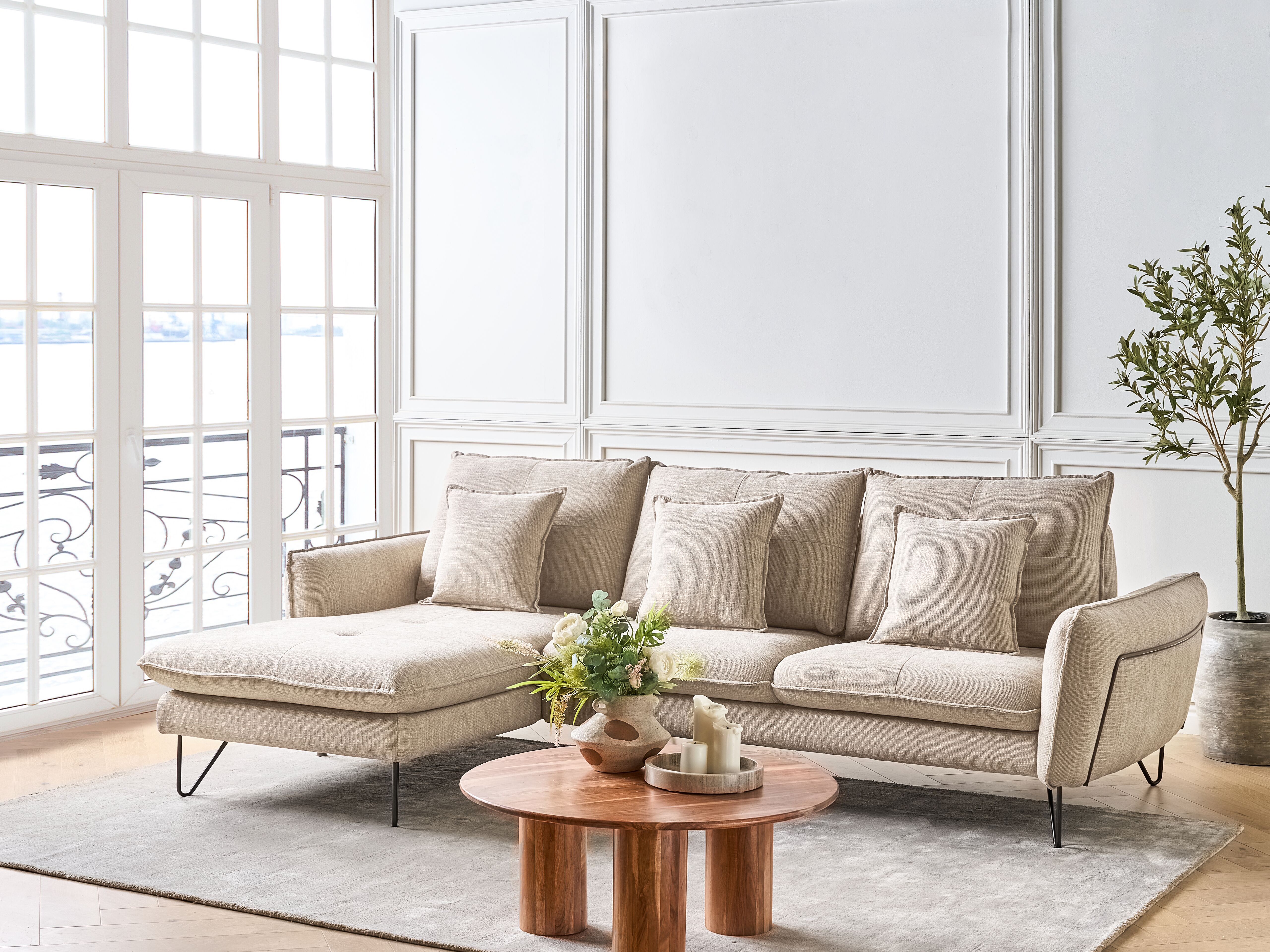 Corner Sofa 3 Seater SERSAN Chenille Beige Right Hand