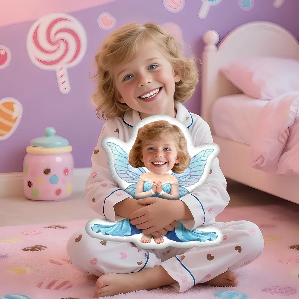 Happy young girl hugging her personalized fairy face plush pillow in her bedroom