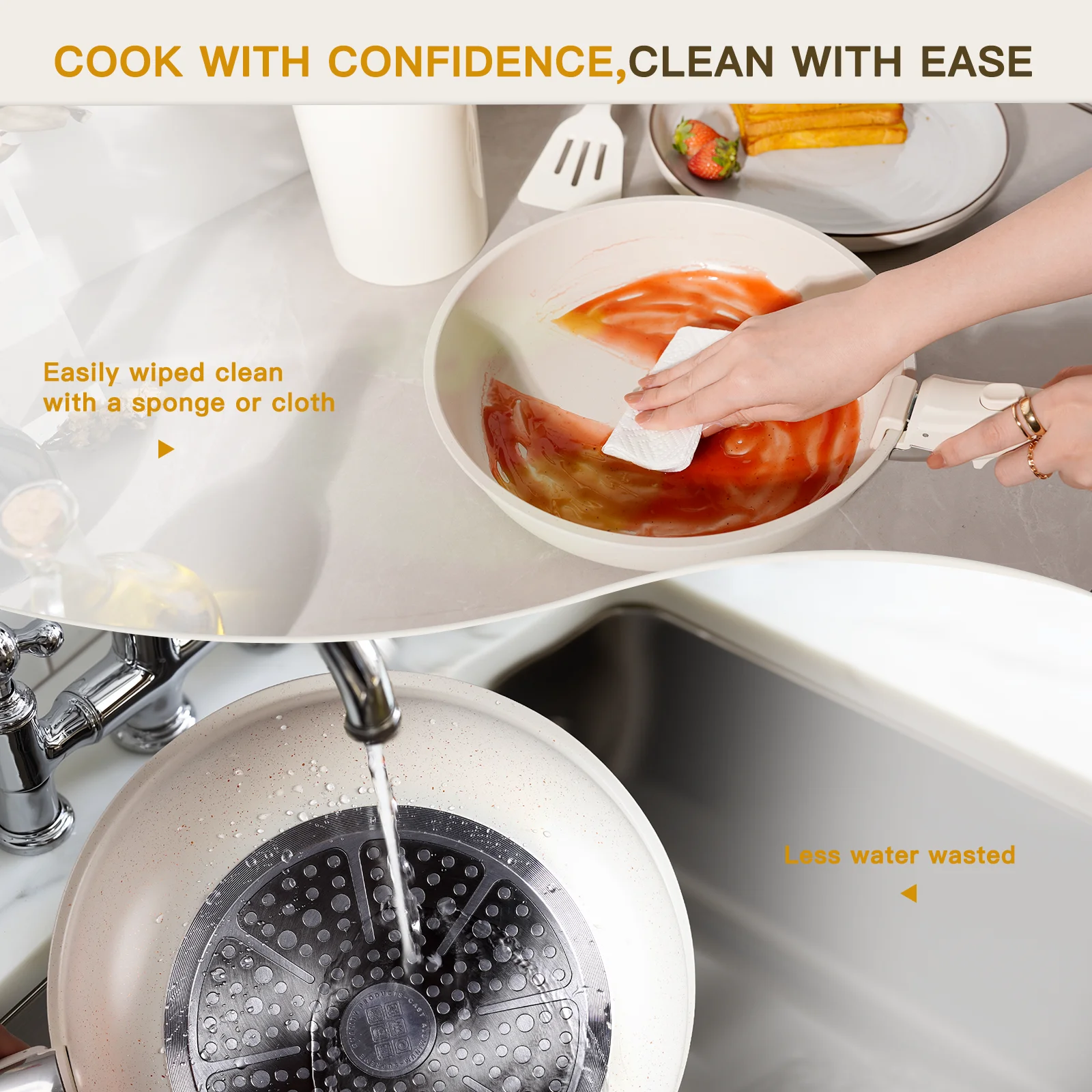 Astercook 22 Piece Ceramic Pots and Pans Set Non Stick, Cookware Set with Detachable Handles, Oven Safe, Induction Ready, Stackable RV Kitchen Cooking Set, Cream White - Image 7