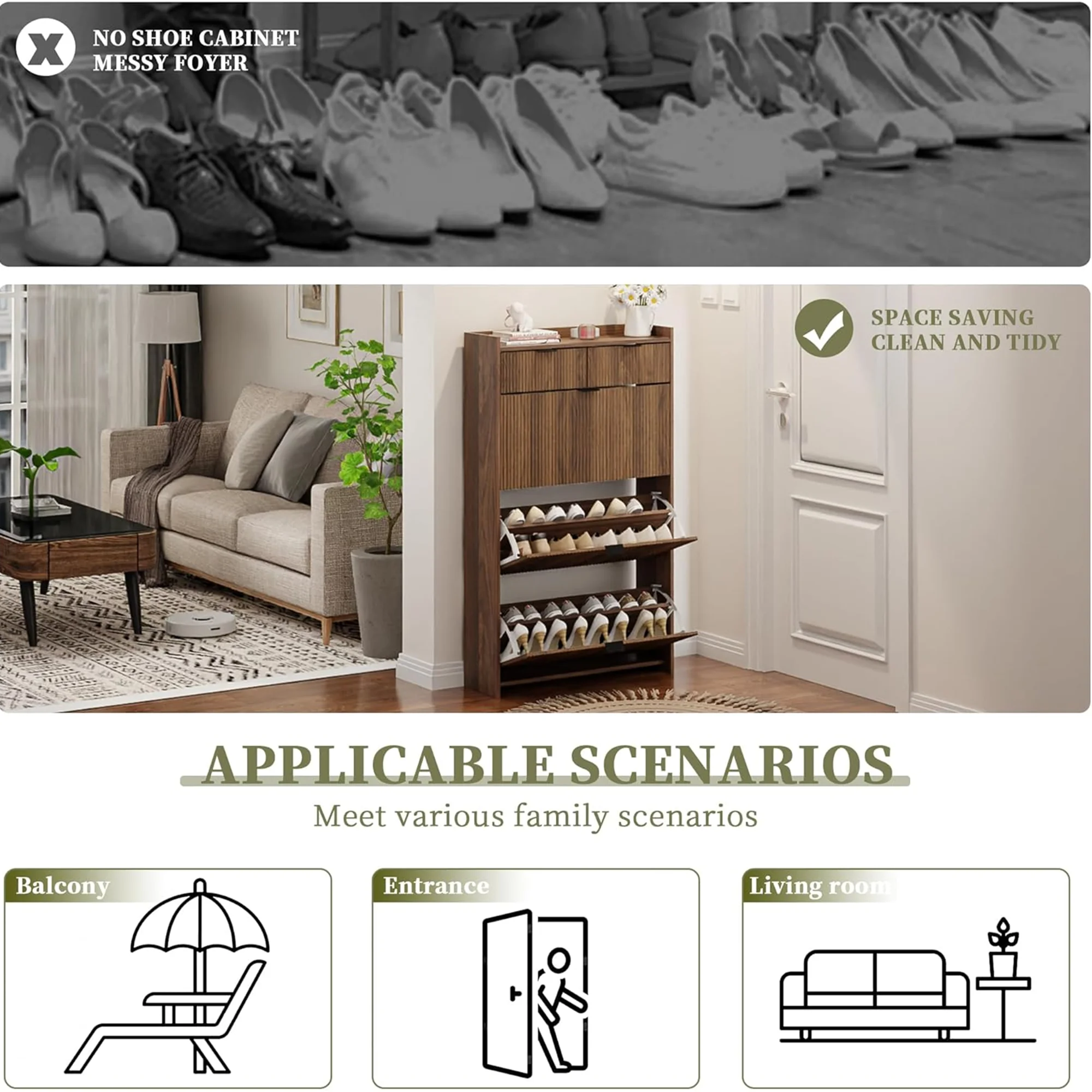 Shoe Cabinet, Free Standing Tipping Bucket Shoe Rack Organizer with 3 Flip Drawers, Modern Entryway Narrow Shoe Rack with 2 Drawers & Top Storage, for Hallway Bedroom, Walnut - Image 9