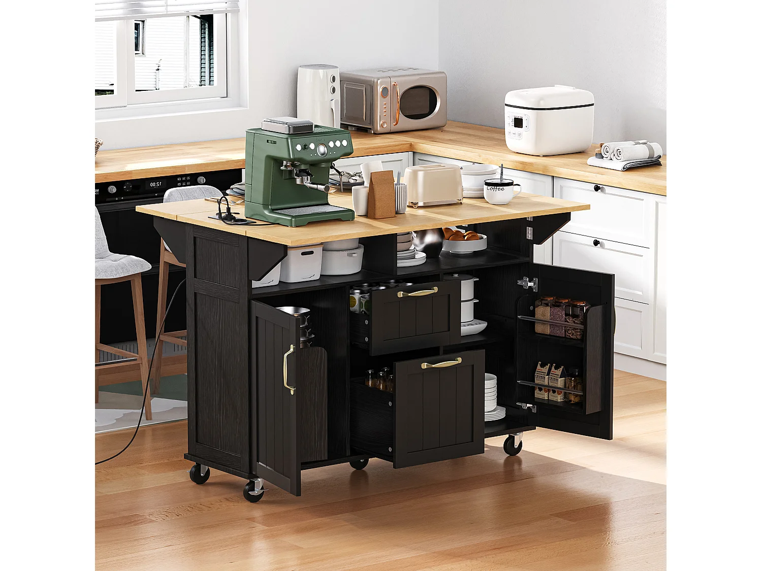 Îlot de cuisine mobile avec plateau de table pliable, 2 tiroirs de rangement et 2 portes - noir