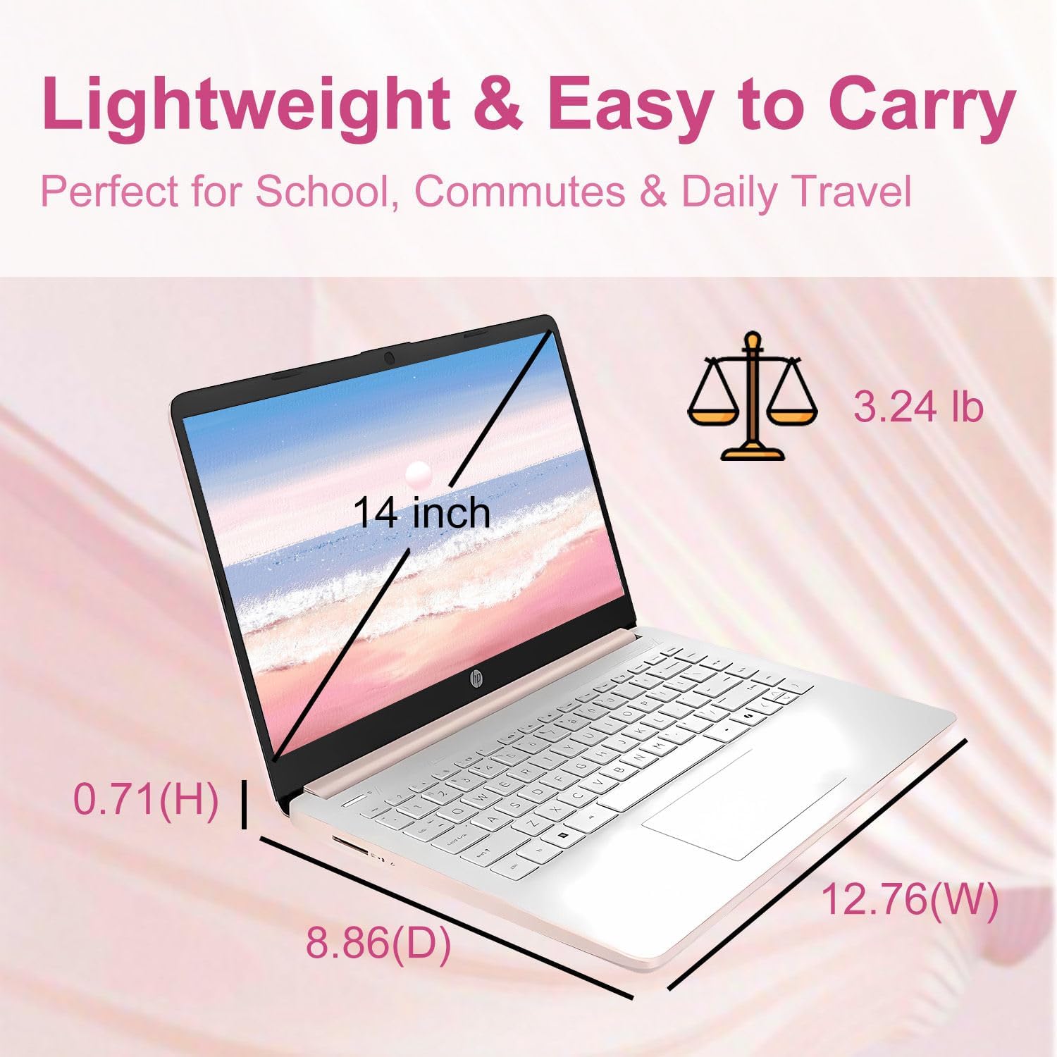 HP 14″Rose Gold Lightweight Laptop  with Office 365 & Copilot AI  Intel Processor  8GB RAM Memory  128GB SSD + 1TB Cloud Storage