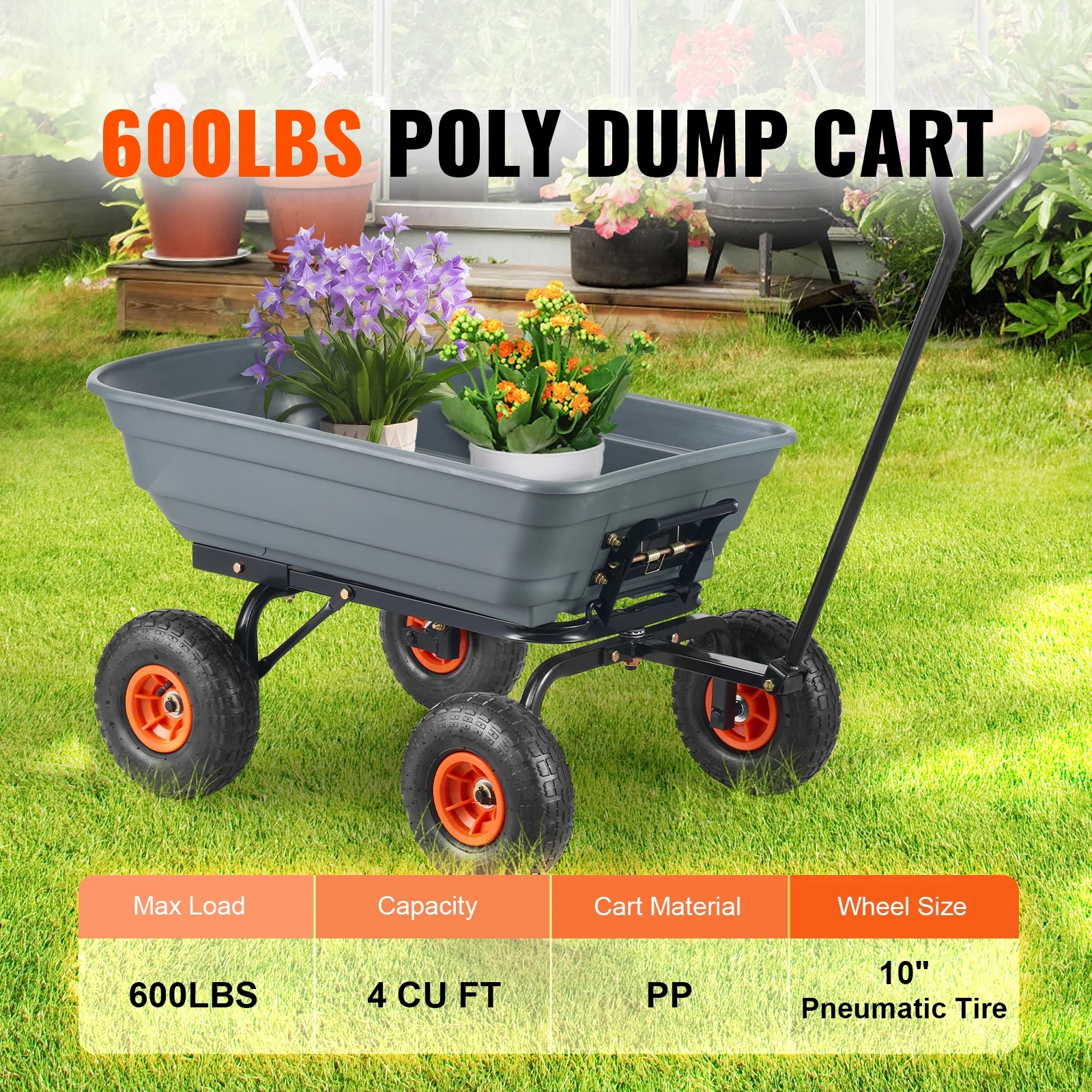 KFFKFF Garden Dump Cart, 35.8x19.5x8.2 in Dump Truck Cart, Max. 600lbs Load Capacity, 10in Rubber Tire, 180�� Adjustable Handle - Image 4