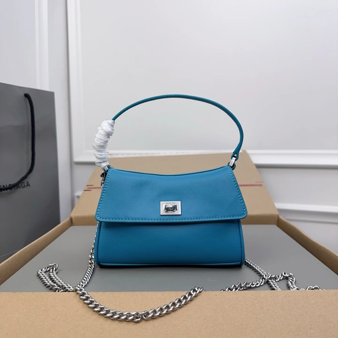 Elegant Black/Blue Balenciaga Top Handle Bag With Gold Chain Strap For Timeless Style Style No.8801 - Replicaclubs