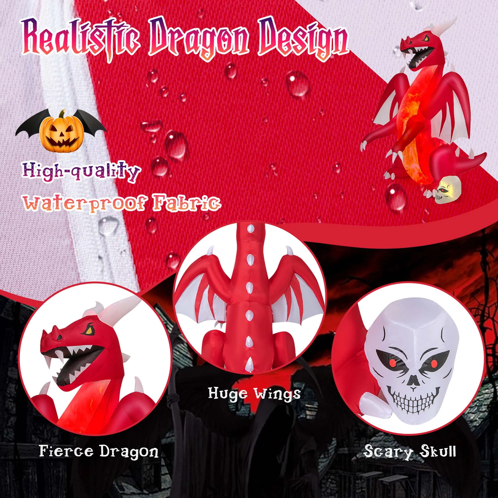 Costway 8 FT Halloween Inflatable Red Dragon with Wings & Skull Holiday Decoration Light - Image 6 Costway 8 FT Halloween Inflatable Red Dragon with Wings & Skull Holiday Decoration Light - Image 6