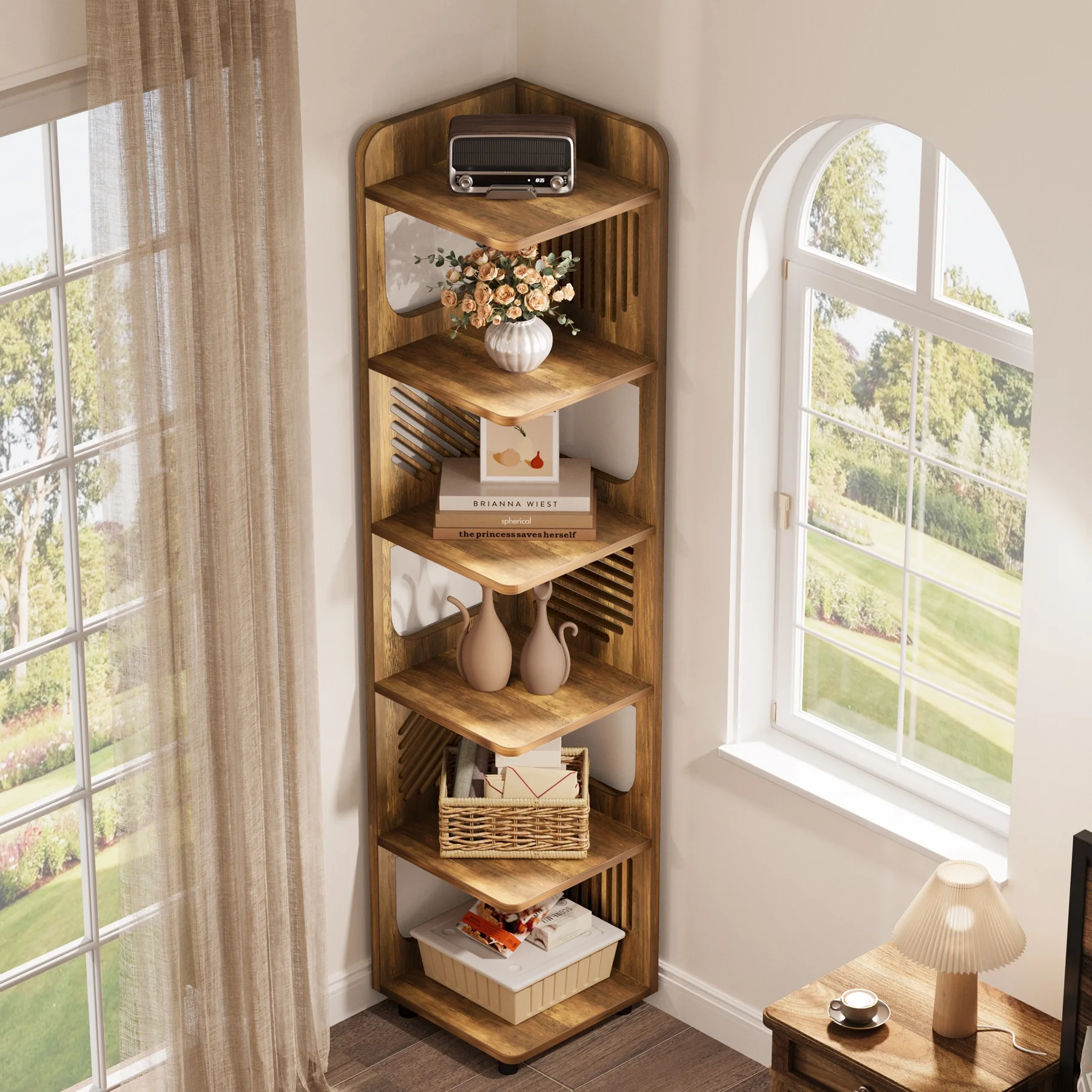 Fnova 71" 6-Tier Tall Corner Bookshelf, Rustic Wooden Narrow Corner Bookcase with Artistic Square Rack, Freestanding Display Storage Shelf for Space-Saving Home Organizing - Image 22