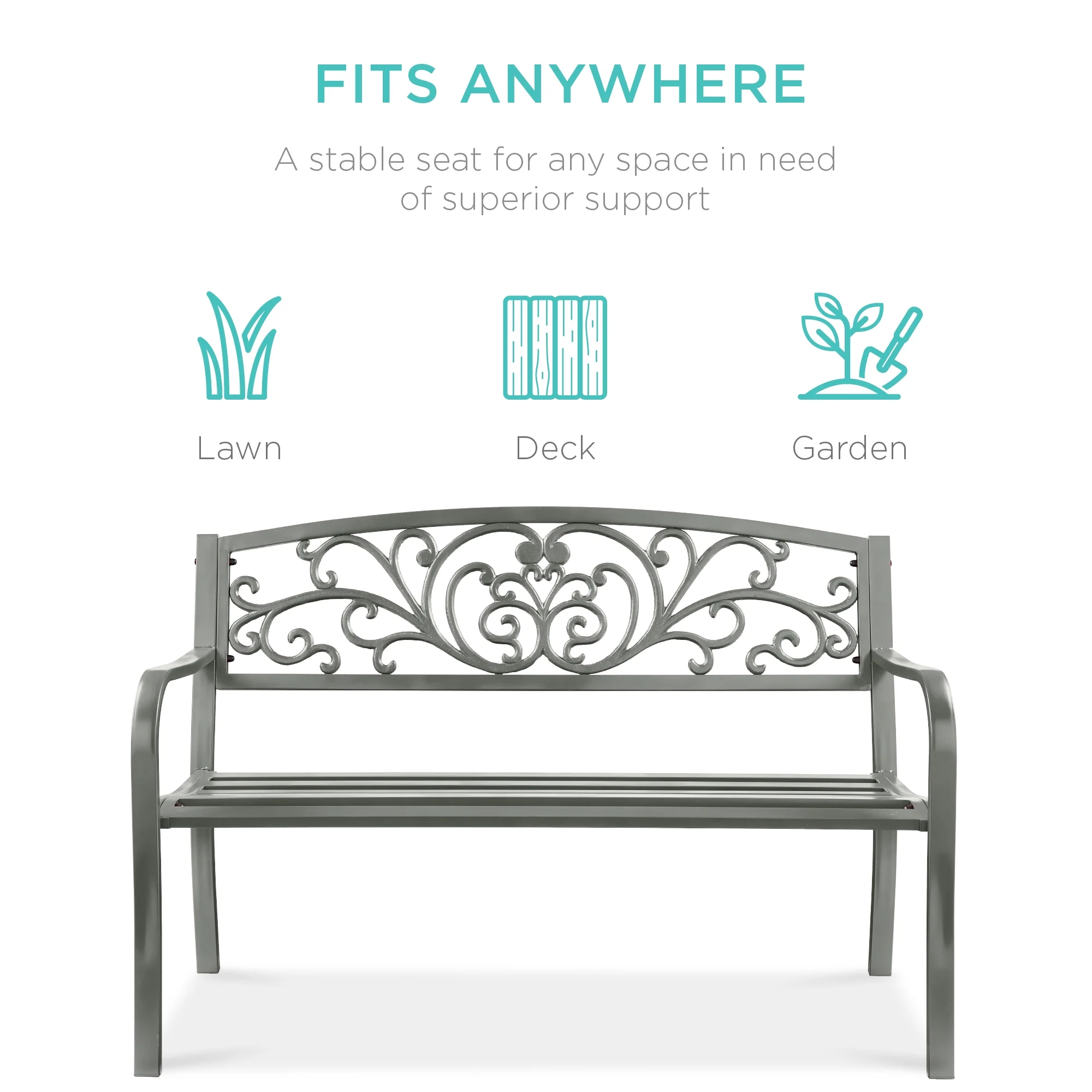 Best Choice Products Outdoor Steel Bench Garden Patio Porch Furniture w/ Floral Design Backrest - Black - Image 71