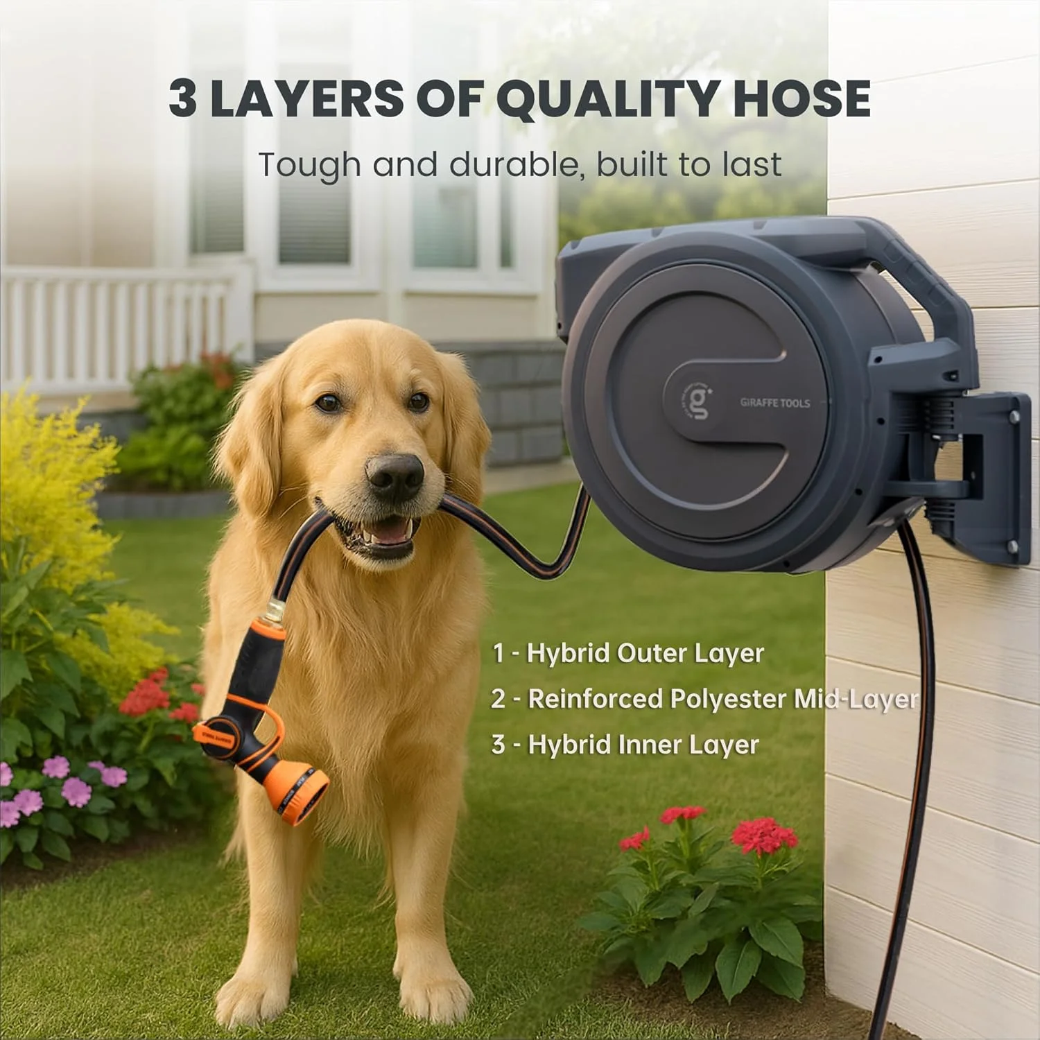 Giraffe Tools Retractable Garden Hose Reel with 1/2in-100ft Water Hose, Plastic Bracket, Wall Mounted, Dark Grey - Image 14