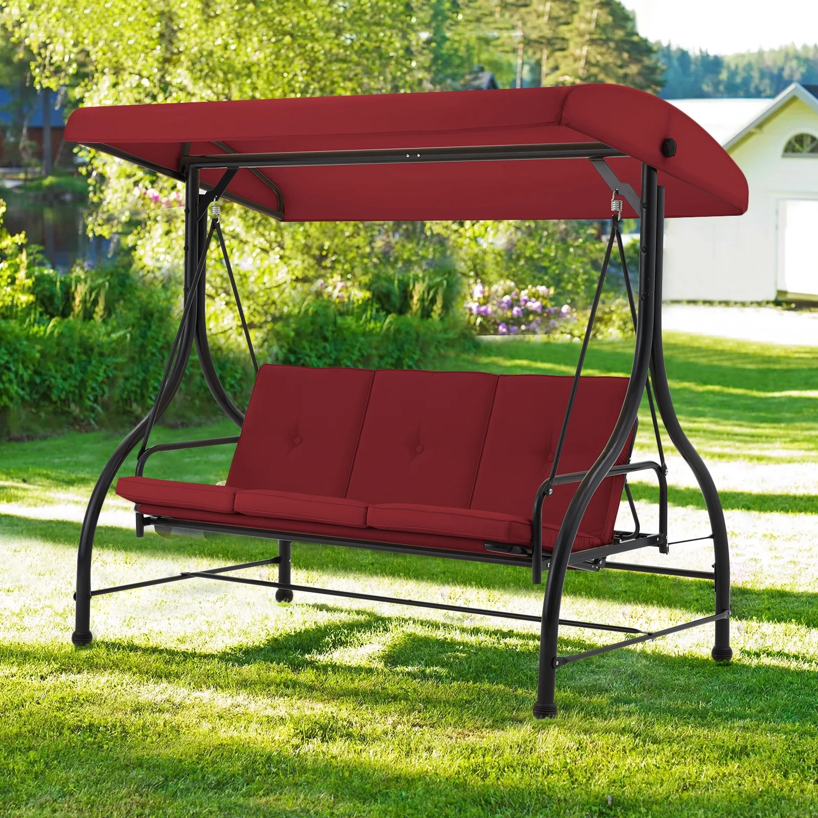 AECOJOY 3 Person Canopy Steel Porch Swing, Converting Swing Glider Hammock-Beige - Image 23