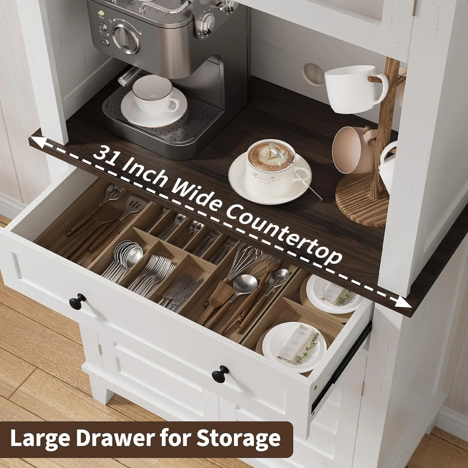 72" White Farmhouse Coffee Bar Cabinet with Storage Drawers & Glass Doors - Kitchen Storage Buffet for Dining Room, Beverage Organizer - Image 6