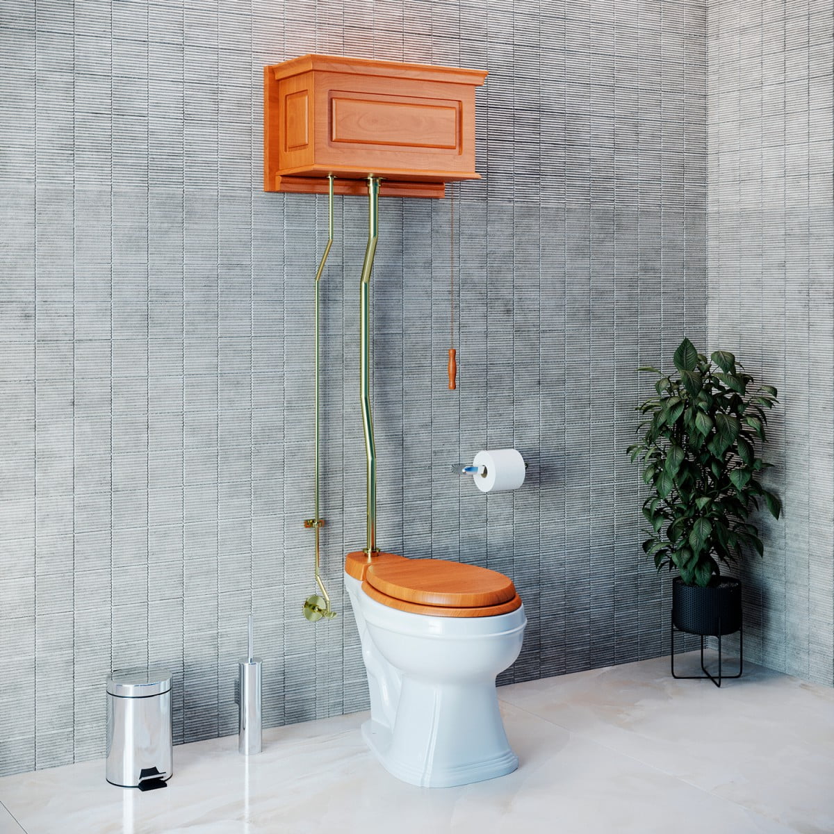 Light Oak Finish High Tank Pull Chain Toilet Wooden Raised Tank Round Top Entry White Porcelain Bowl and Brass Z Pipes Adjustable Height 59