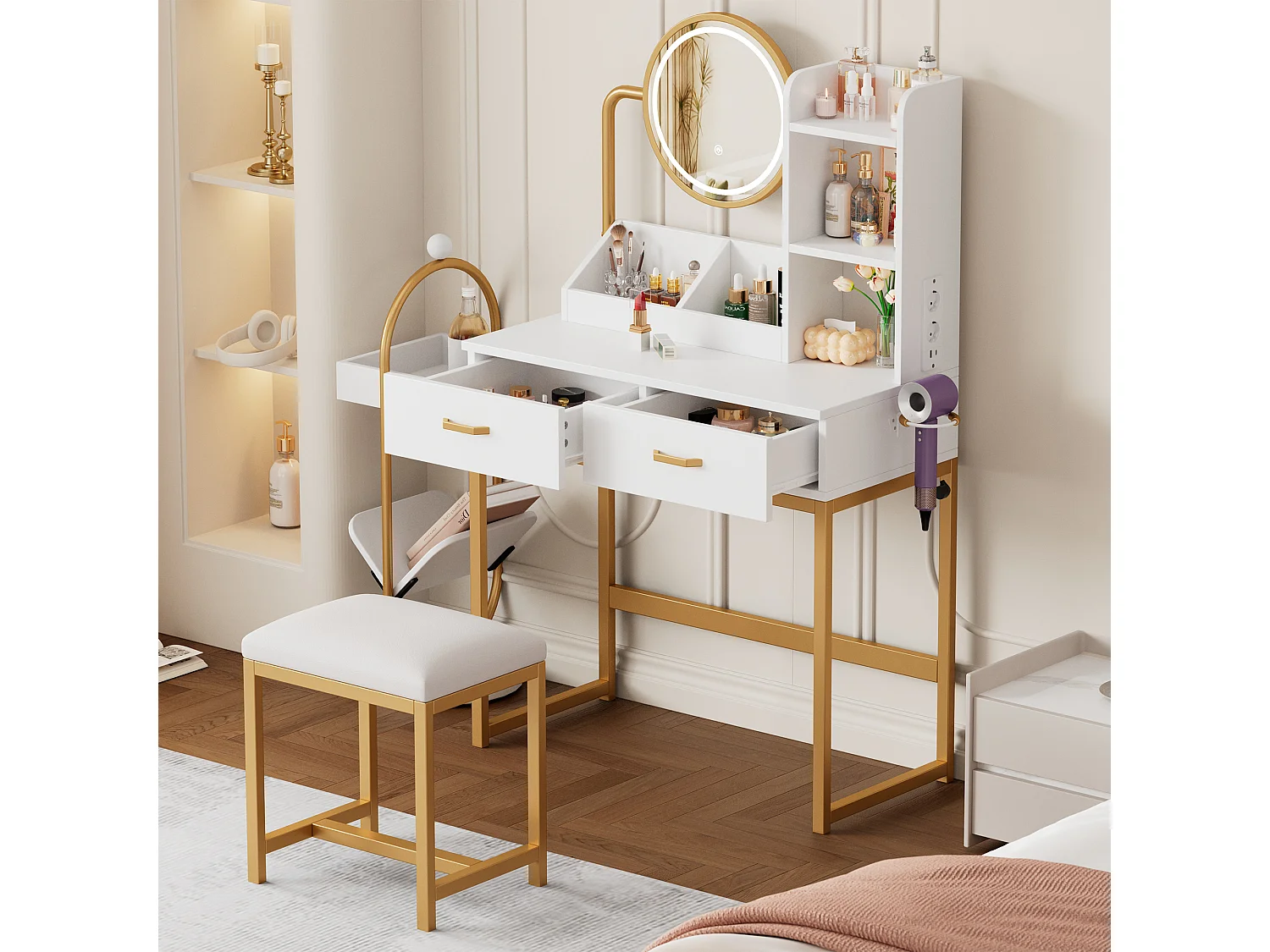 Coiffeuse moderne - 80 x 40 x 138.5 cm - avec miroir pivotant + Leds + tabouret + 2 tiroirs + 2 étagères ouvertes - MDF - blanc