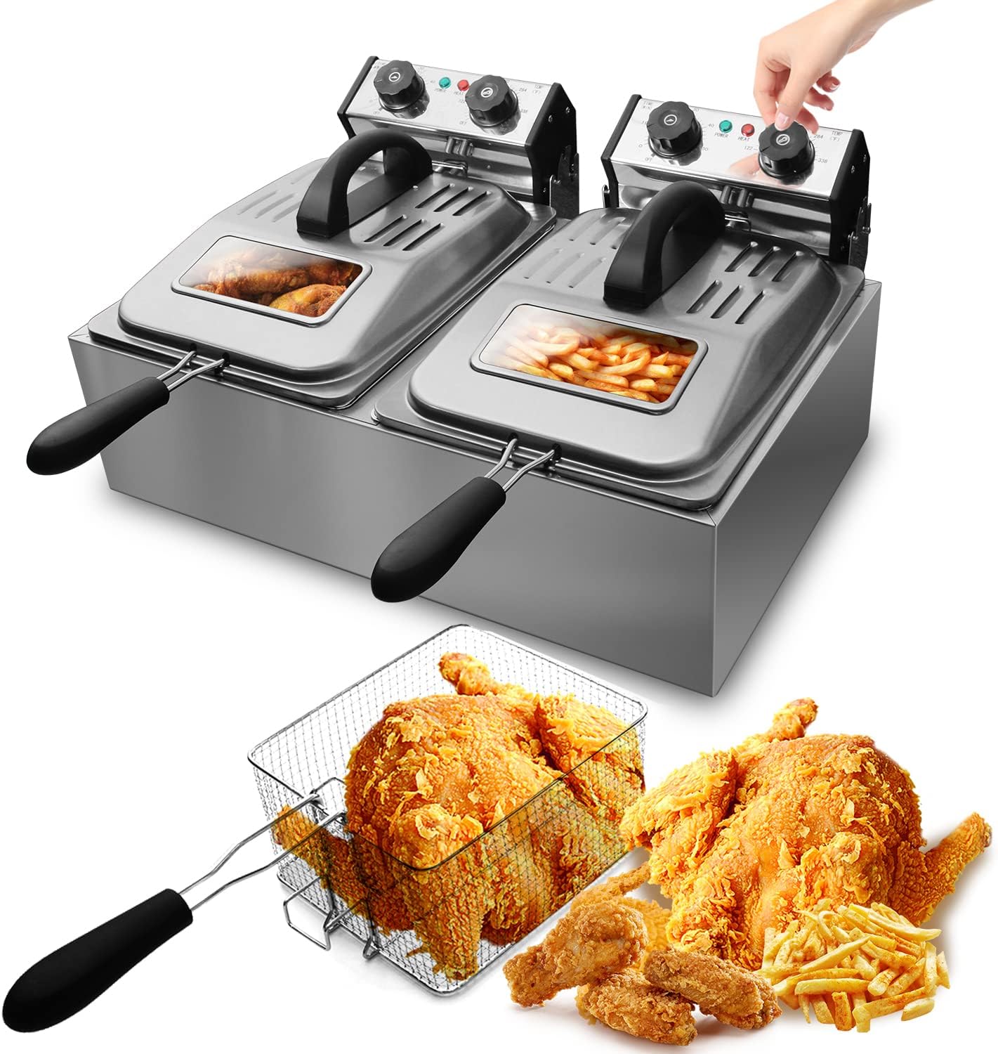 WantJoin 12L/12QT Commercial Deep Fryer with Glass Window - Stainless Steel Dual Tank Electric Tabletop Deep Fryer with 2 Baskets & Lids Countertop Kitchen Frying Machine w/Temperature Control, 3200W