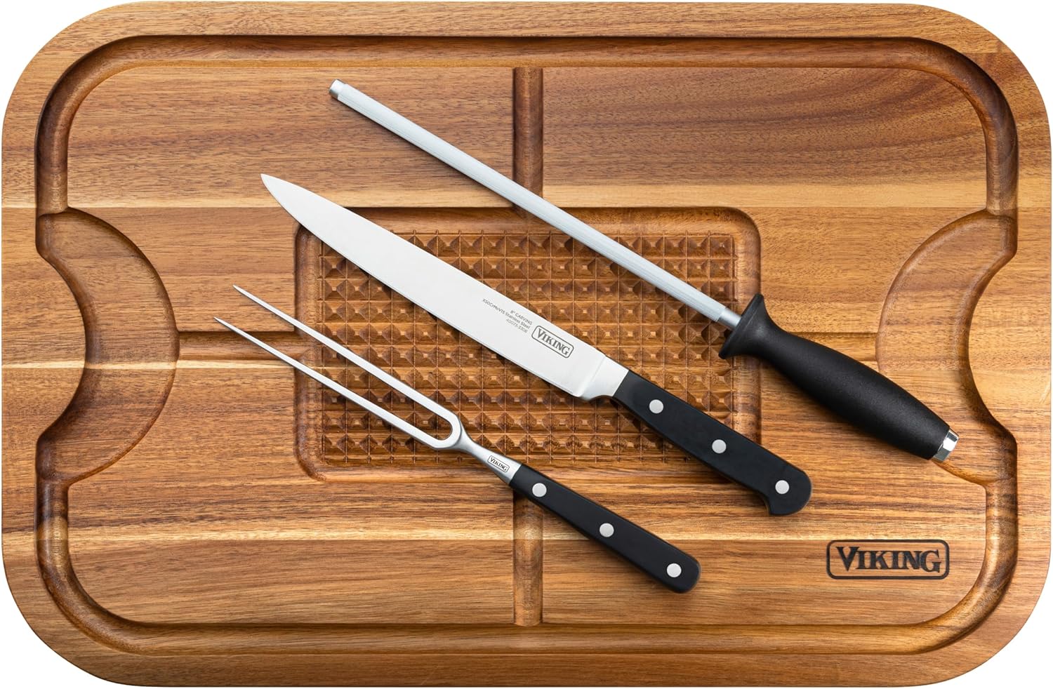 Viking Cutting Board and 3-Piece Carving Set, Oversized Acacia Wood Carving Board with Fork, Knife, and Sharpening Steel, 21.8 x 14.6 Inch