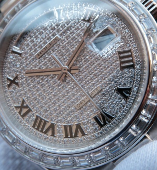 Replica Rolex Day-Date 218399 Roman Numerals SS Full Diamonds A3255 - Elite Watch Atelier