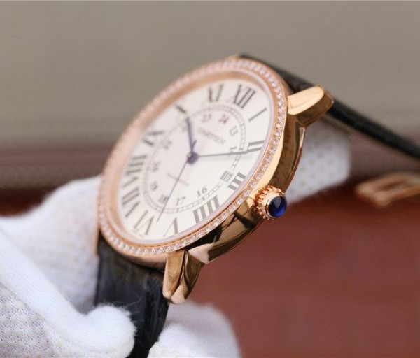 Replica Cartier Ronde De Cartier RG White Dial Diamonds Bezel Croco Strap A2892 - Top club