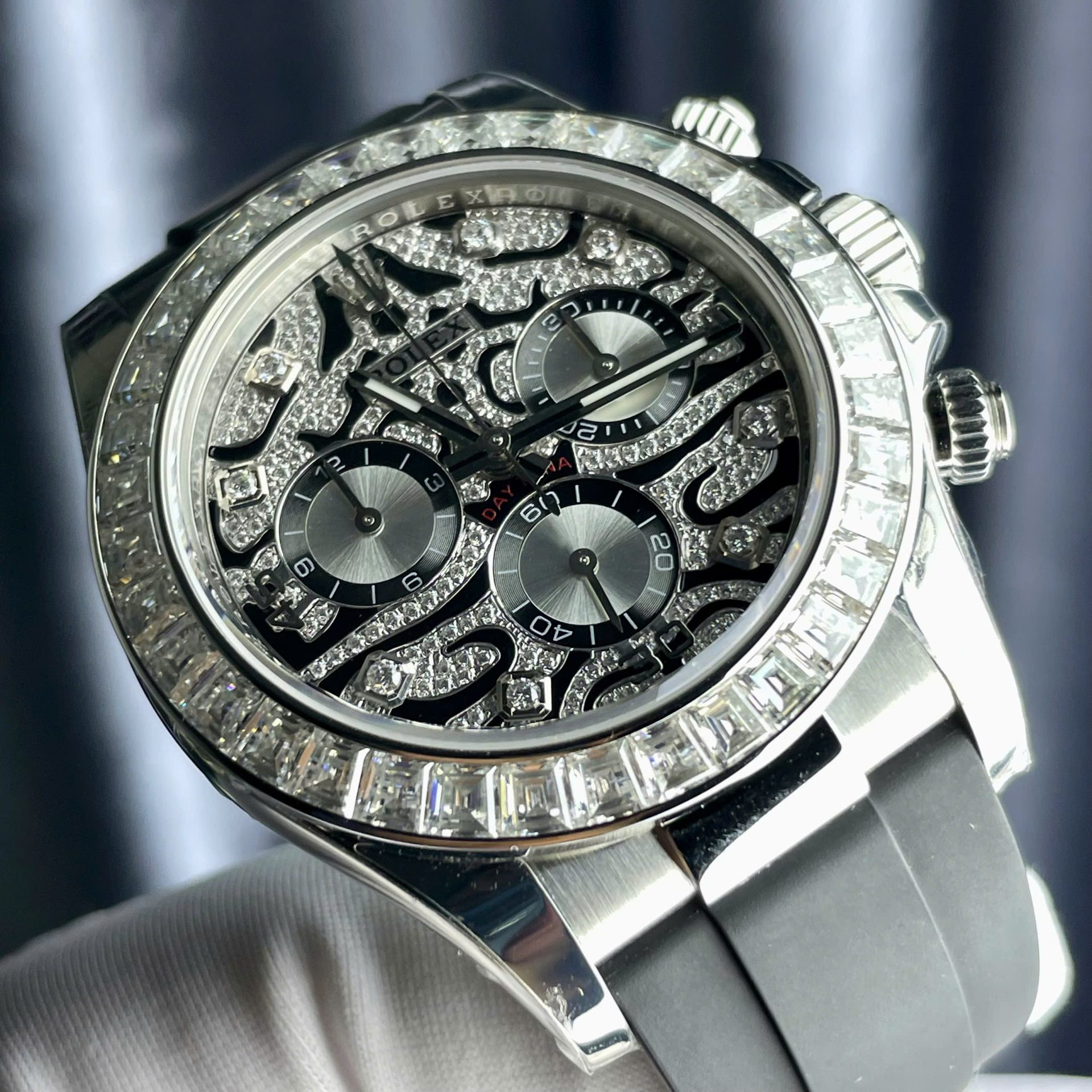Rolex Cosmograph Daytona Eye Of The Tiger Replica Watch Custom Moissanite Baguette Diamonds 40mm - Top club