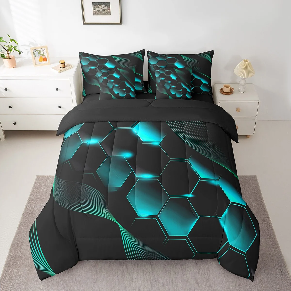Honeycomb 7 Piece Comforter Set Queen,Neon Lights Mint Green Black Bed in a Bag with Flat Sheet and Fitted Sheet ,Geometric Striped Hexagonal Bedding Set with Pillowcase & Sham