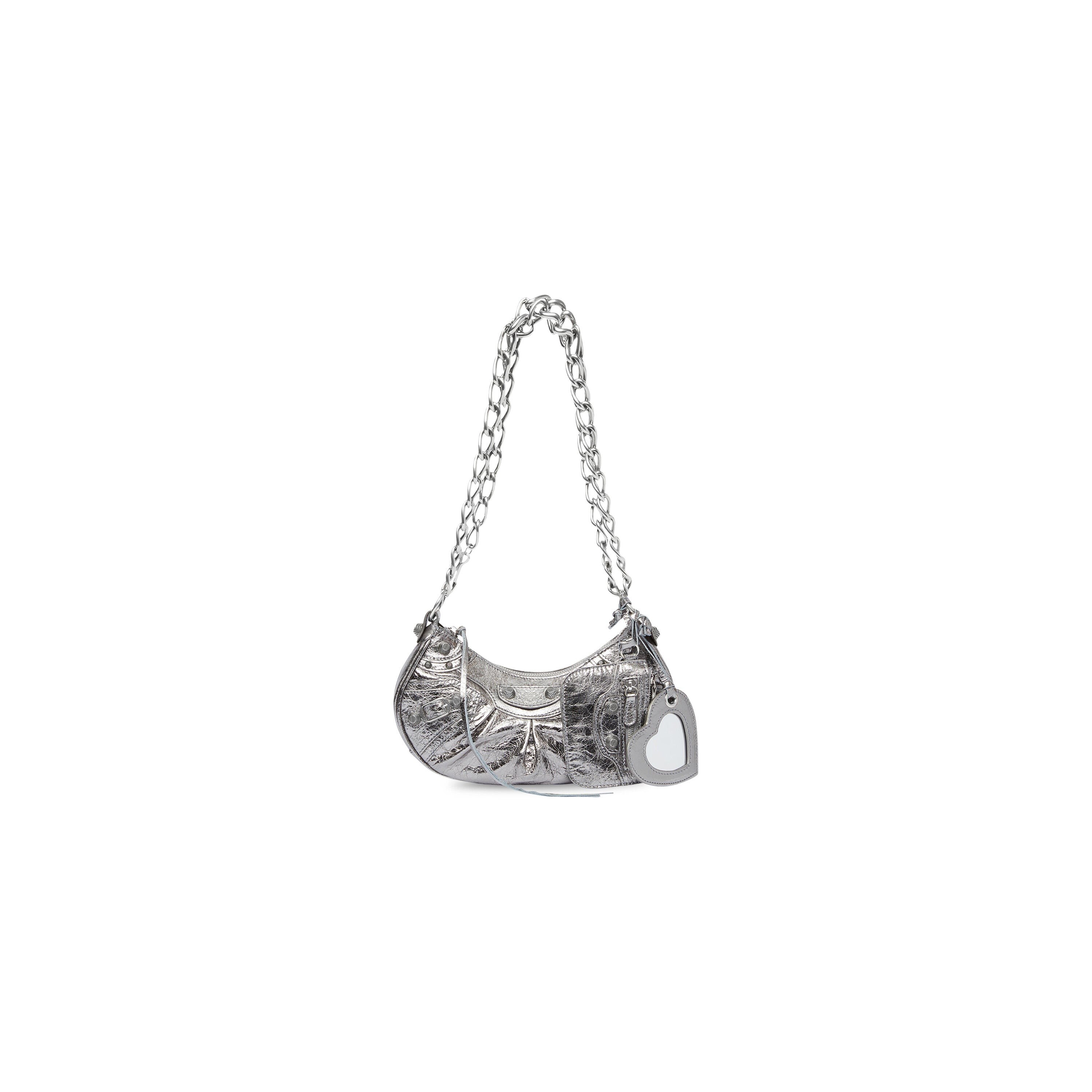 WOMEN'S LE CAGOLE XS SHOULDER BAG WITH CHAIN METALLIZED IN SILVER - Replicaclubs