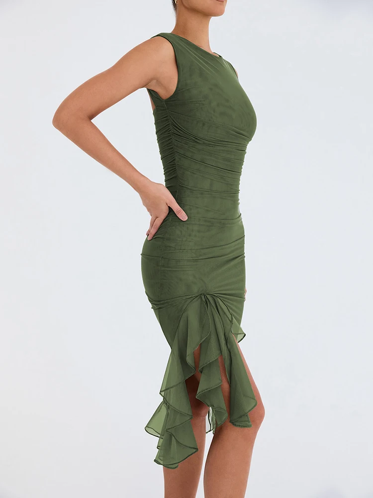 Elegant Ruffle Ruched Midi Dress For Women Robe Summer New Backless Sleeveless Irregular Club Party Sexy Dress Vestido - AZJHJ