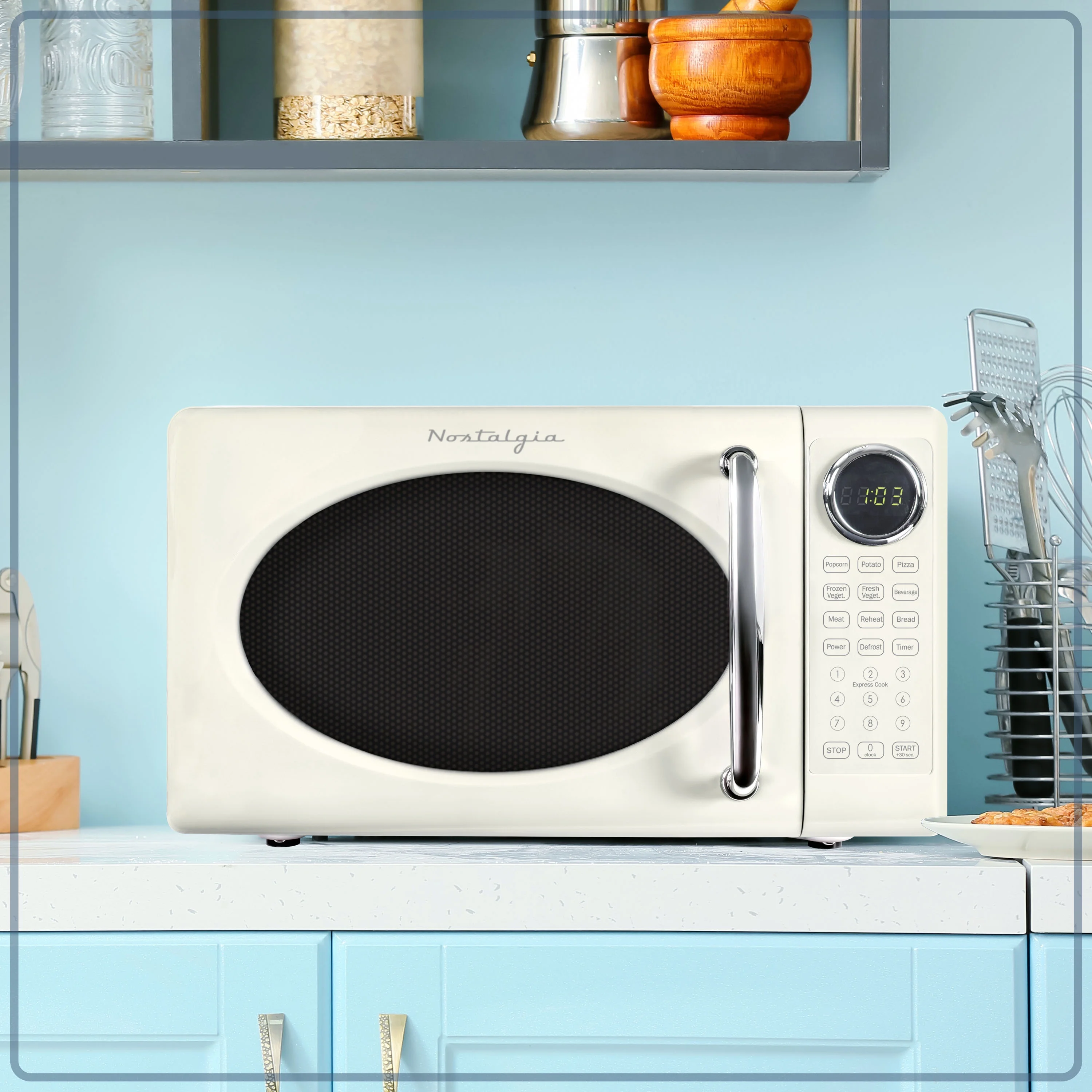 Nostalgia Retro Microwave Oven - 0.7 Cu Ft & 700-Watt Countertop Microwave with Glass Turntable, Child Safety Lock, 8 Auto-Cook Programs & Digital Clock - Aqua - Image 30