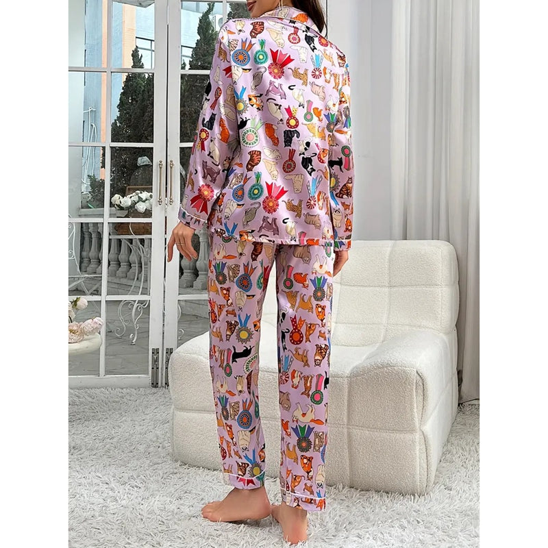 SatinChic | Satijnen Pyjama Set met Kattenprint voor Herfst en Winter