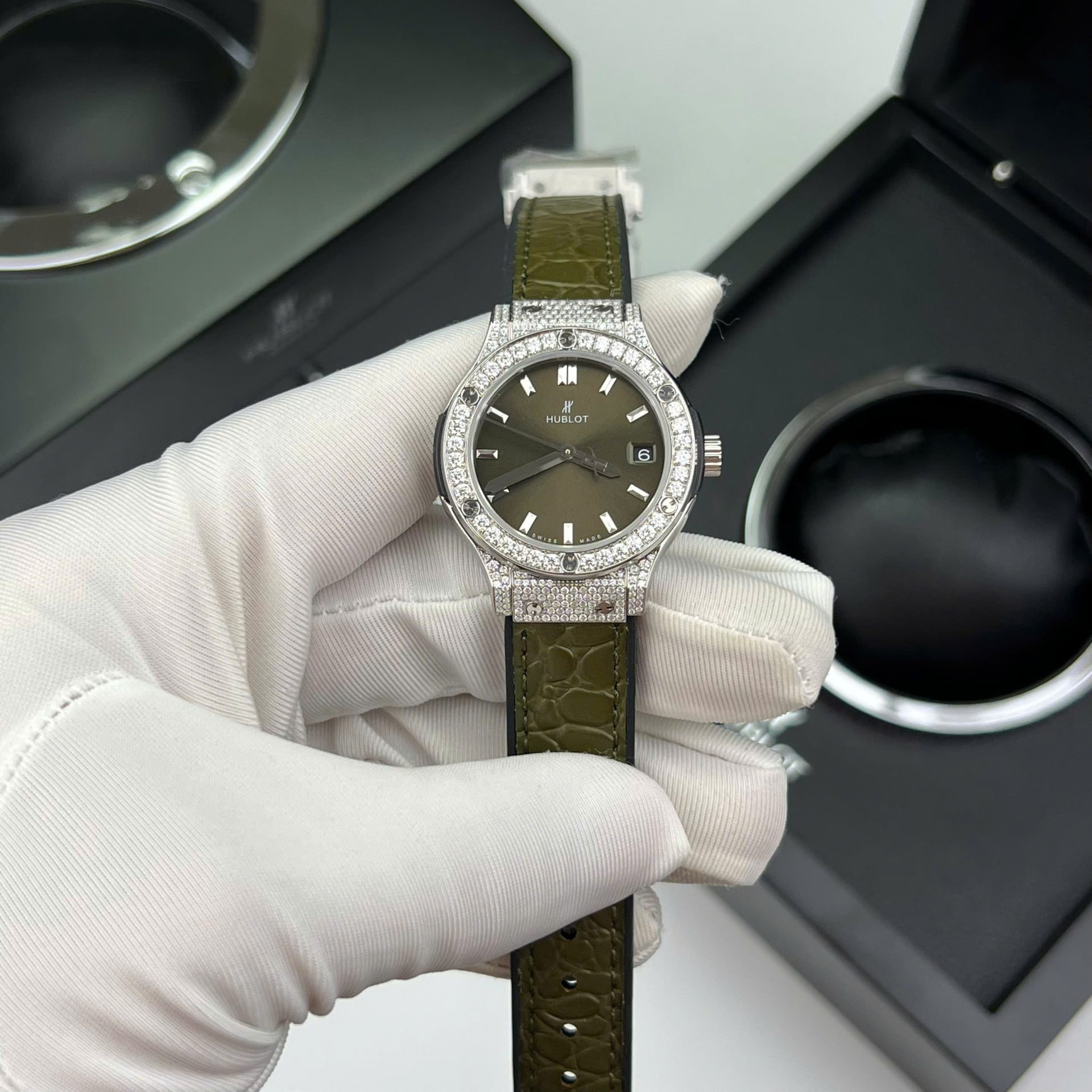 Hublot Classic Fusion Titanium Green Replica Watch Custom Moissanite Diamonds 33mm - Elite Watch Atelier