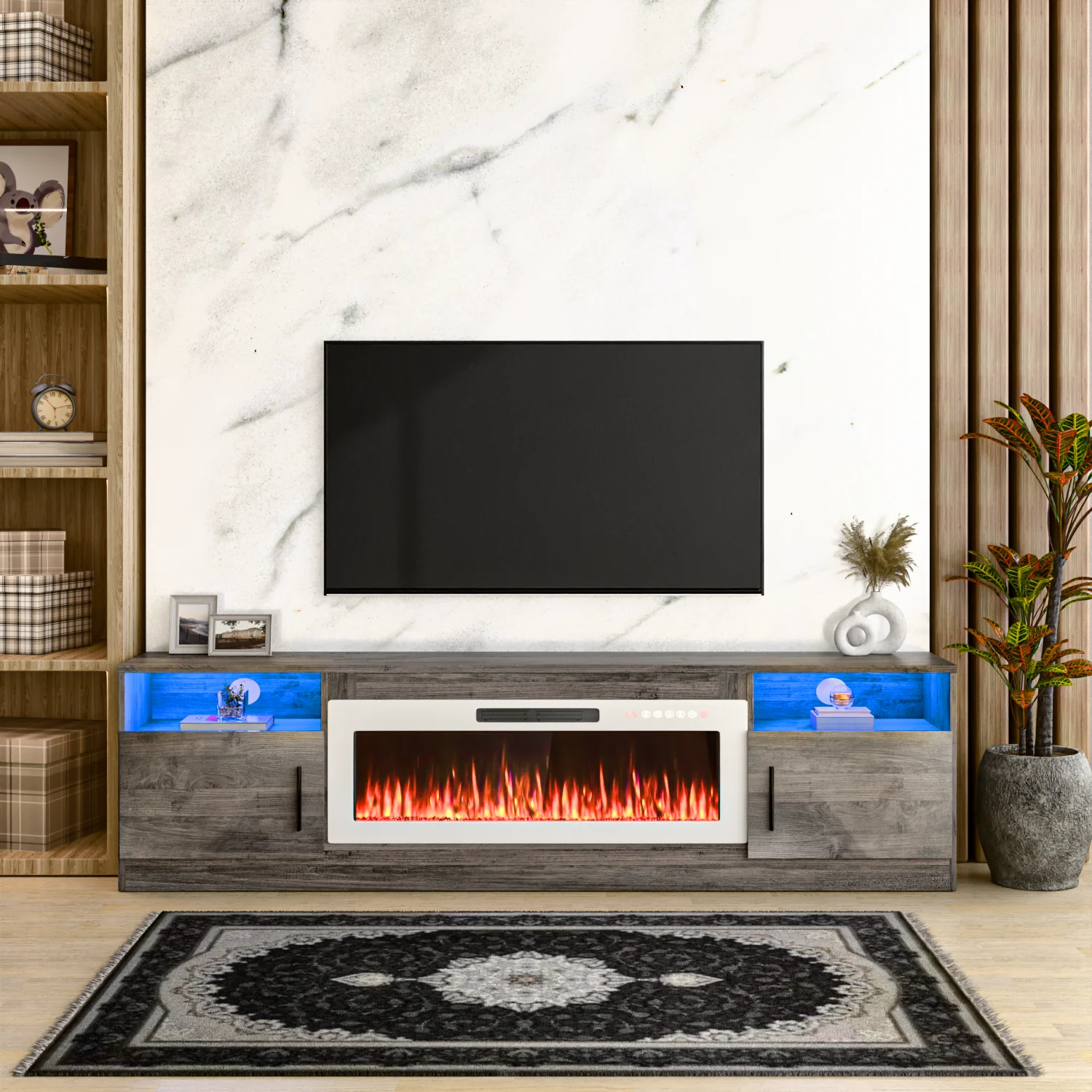 Waleaf Fireplace TV Stand with 36" Electric Fireplace Up to 80" TVs, Modern Wood Media TV Console with Highlight Cabinet, White - Image 14