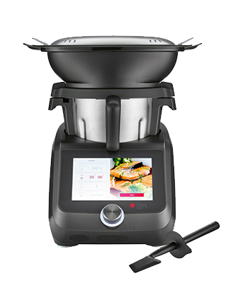 Robot culinaire multifonction avec écran tactile, panier vapeur et spatule.
