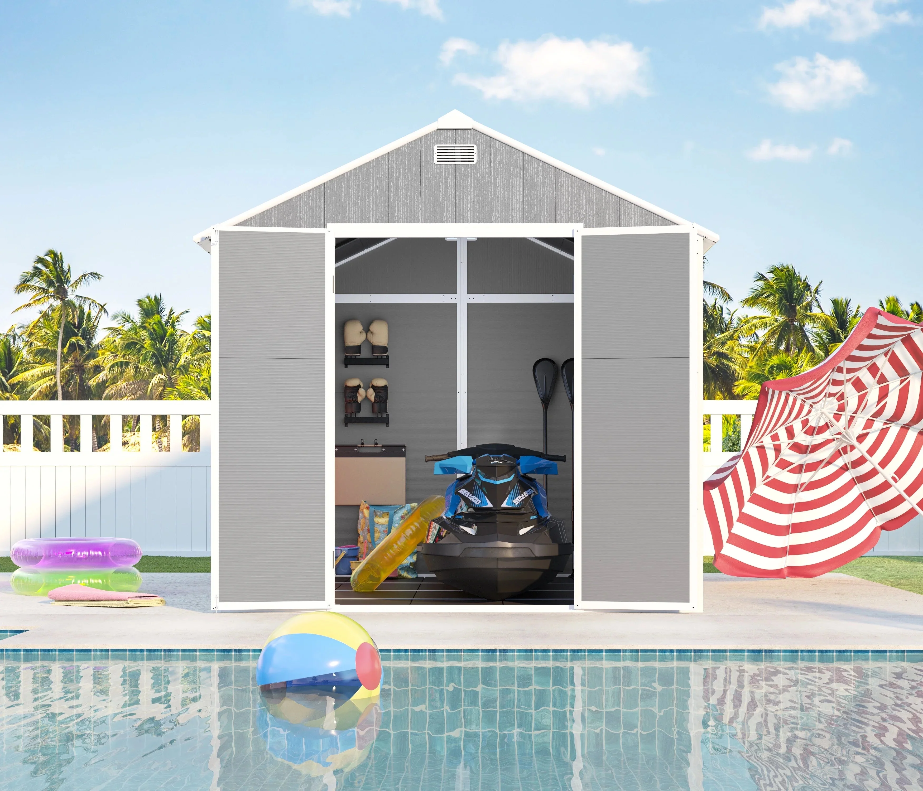 Seizeen Outdoor Resin Storage Shed, 41 Cu. Ft. / 306 Gal, Gray, 3 Doors With Floor - Image 40 Seizeen Outdoor Resin Storage Shed, 41 Cu. Ft. / 306 Gal, Gray, 3 Doors With Floor - Image 40