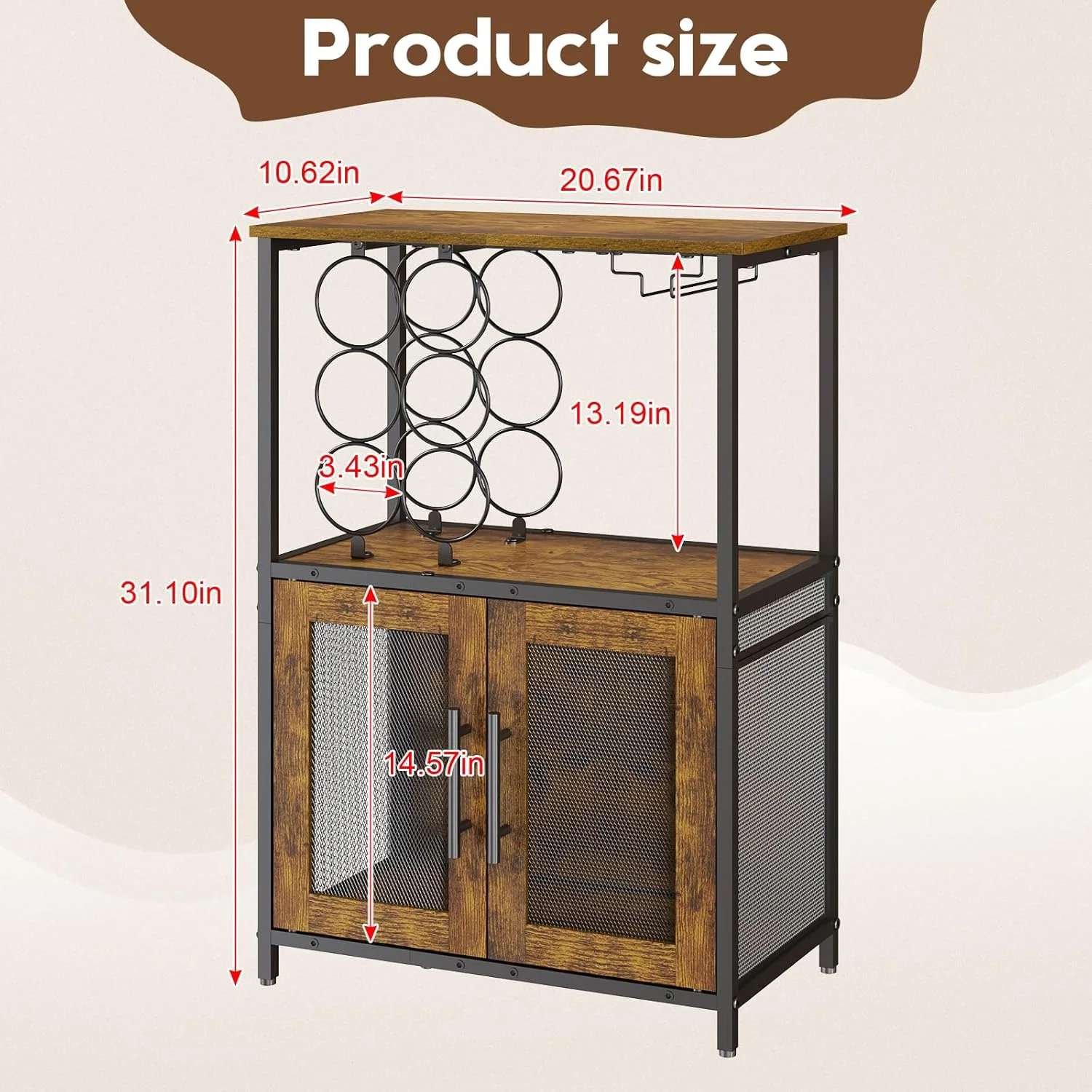 Bar Cabinet with Detachable Wine Rack, Liquor Stand for Home Bar, Mini Table with Glass Holder, Small Sideboard with Mesh Door, Storage Cabinet for Wine, Whiskey, Rustic Brown