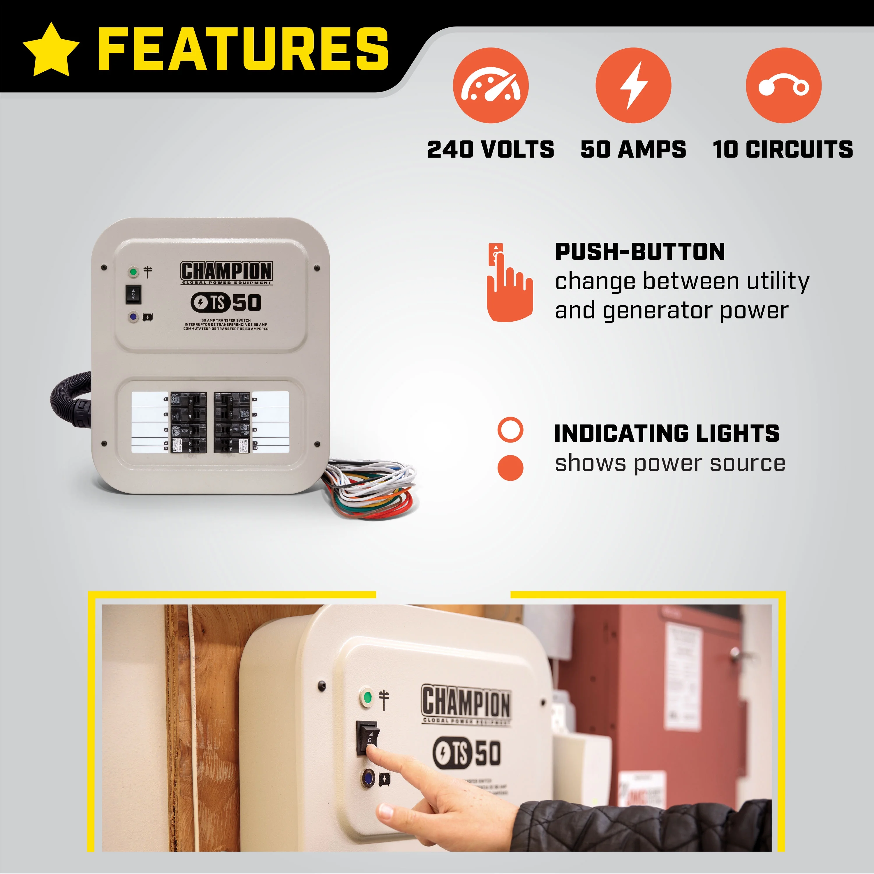 Champion Power Equipment 50Amps 240 Volts Manual Transfer Electrical Switch