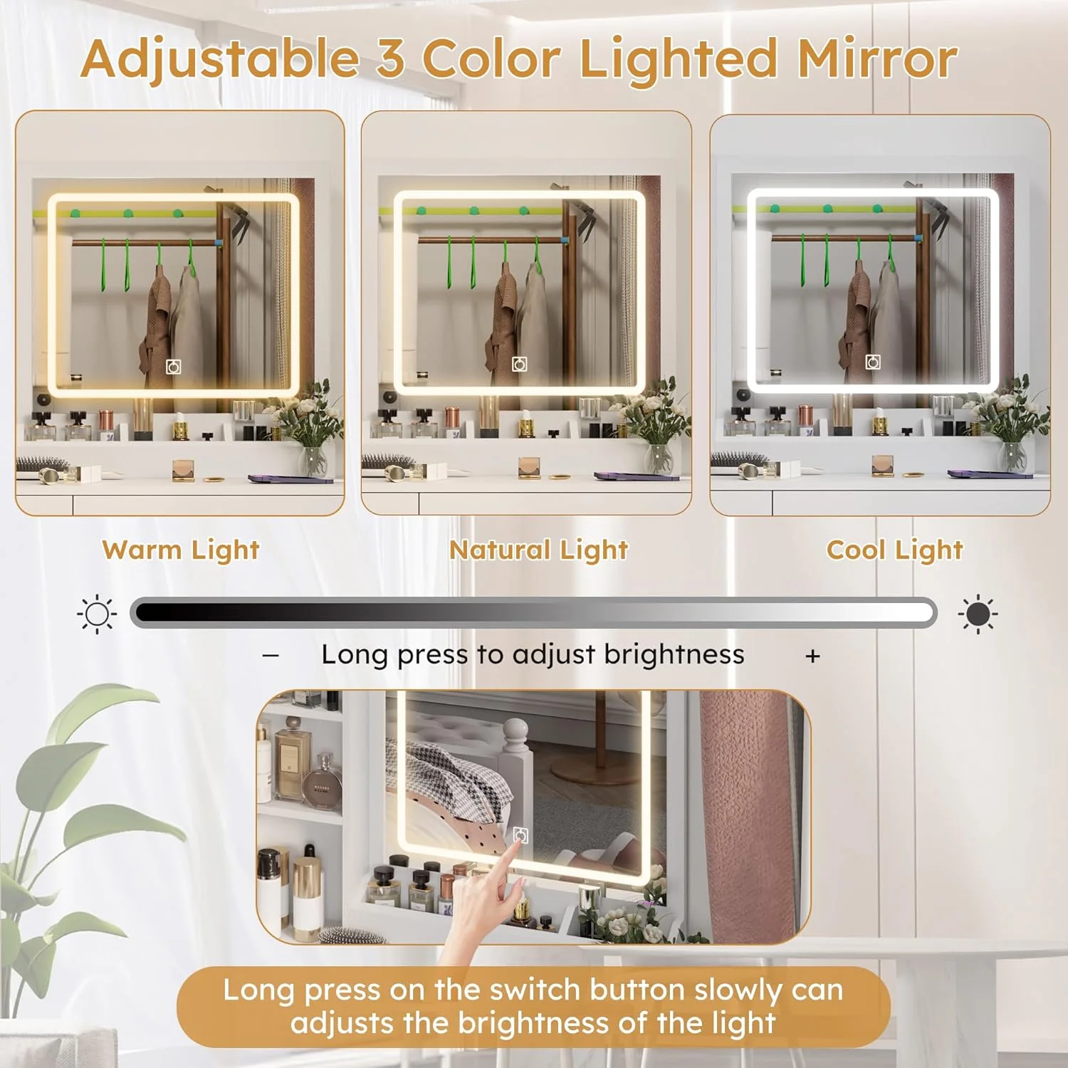 Montary Modern Mini Vanity w/Adjustable LED Mirror + Hidden Storage, Padded Stool & Dustproof Shelves (White) - Image 59
