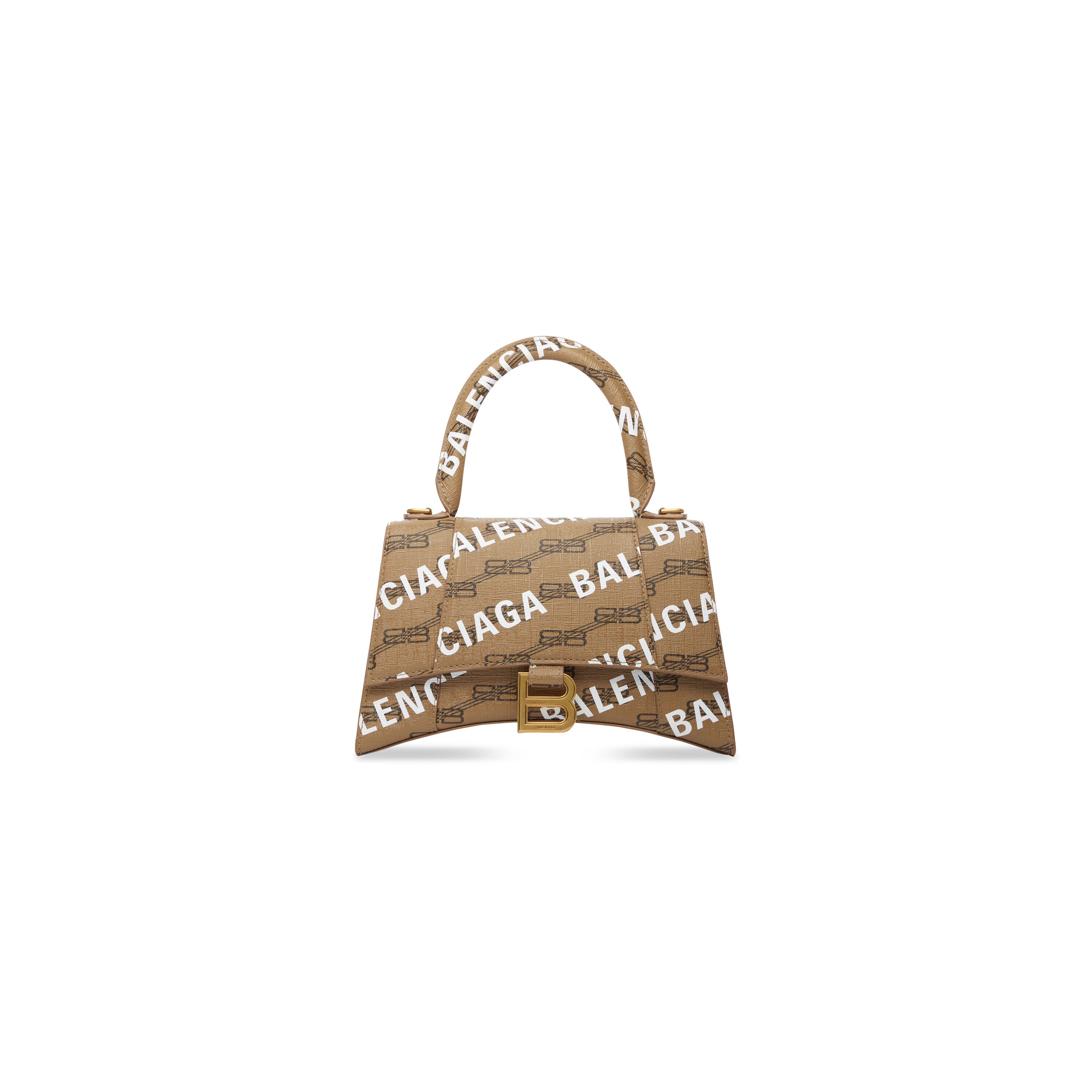 WOMEN'S HOURGLASS SMALL HANDBAG BB MONOGRAM COATED CANVAS AND ALLOVER LOGO IN BEIGE - Replicaclubs