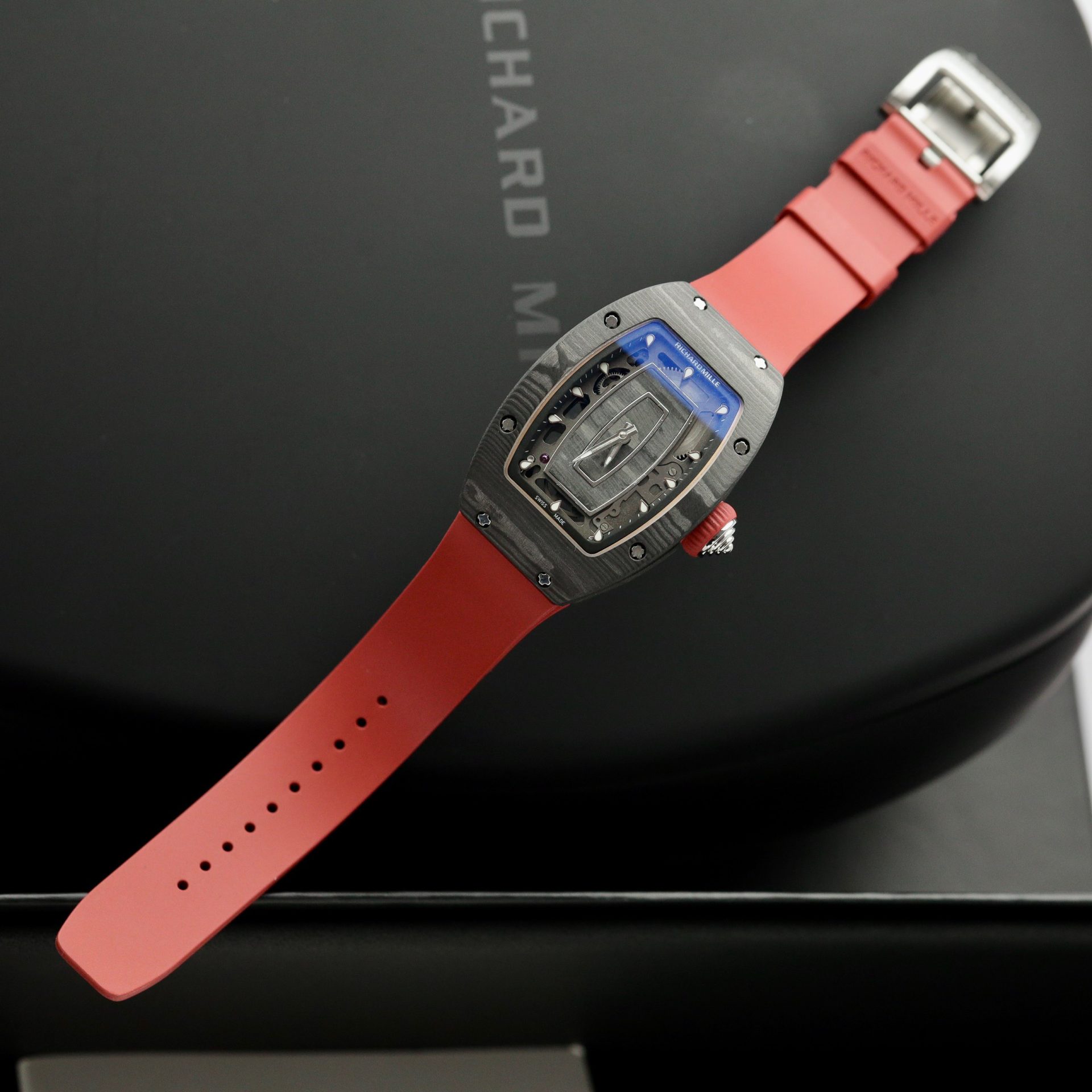 Richard Mille Replica 1:1 Watch RM07 Carbon Black Red Rubber Strap 36mm - Top club
