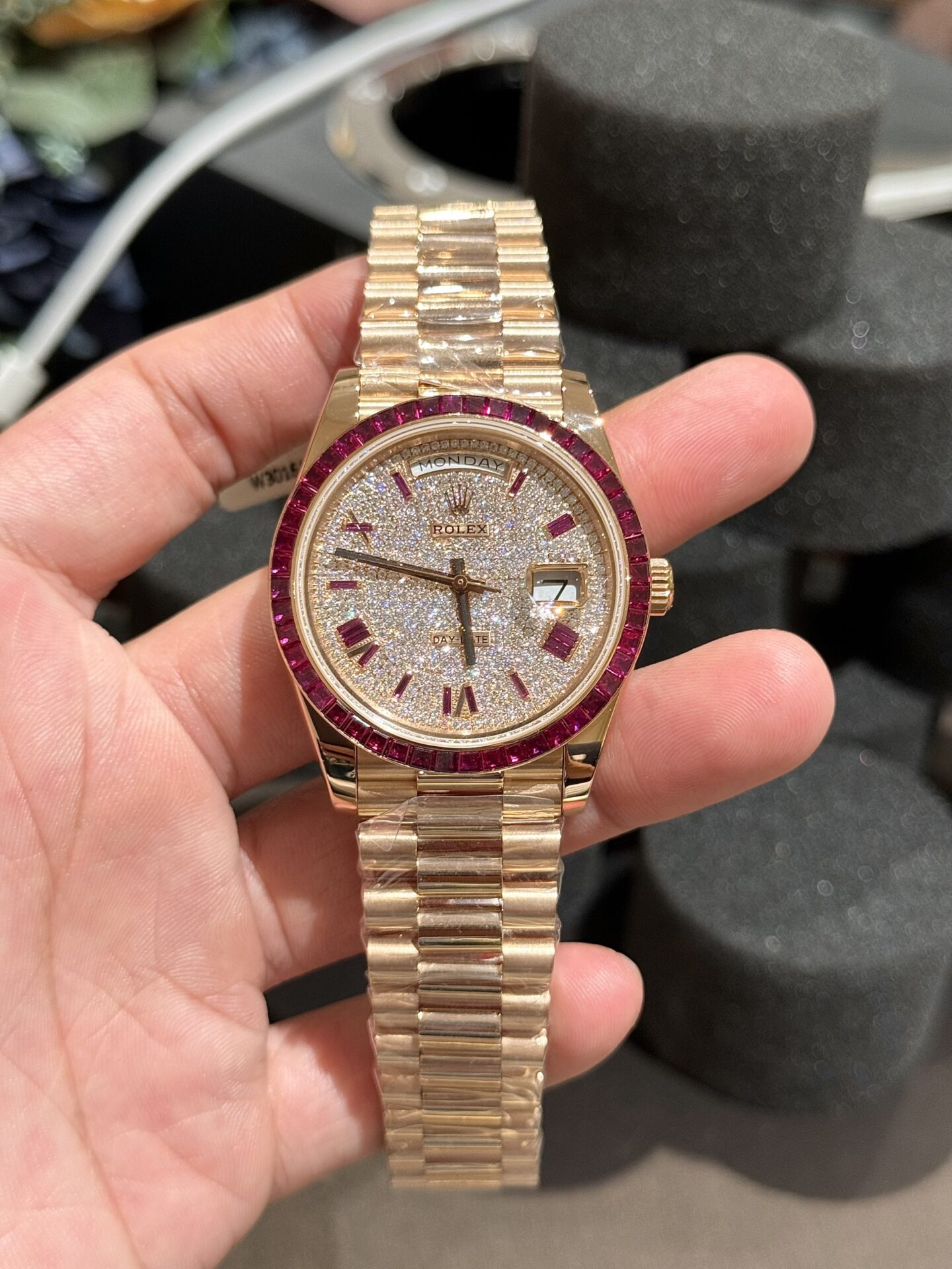 Rolex Replica Watch Day-Date Moissanite Ruby Baguette Red 18K Gold Wrapped 40mm - Elite Watch Atelier