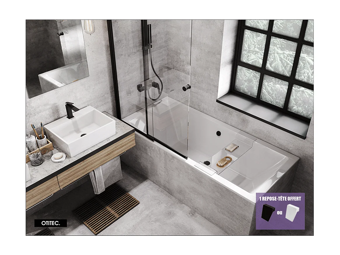 Baignoire Droite sans Tablier - 180 x 80 cm - QUADRO SANS TABLIER - REPOSE-TÊTE OFFERT