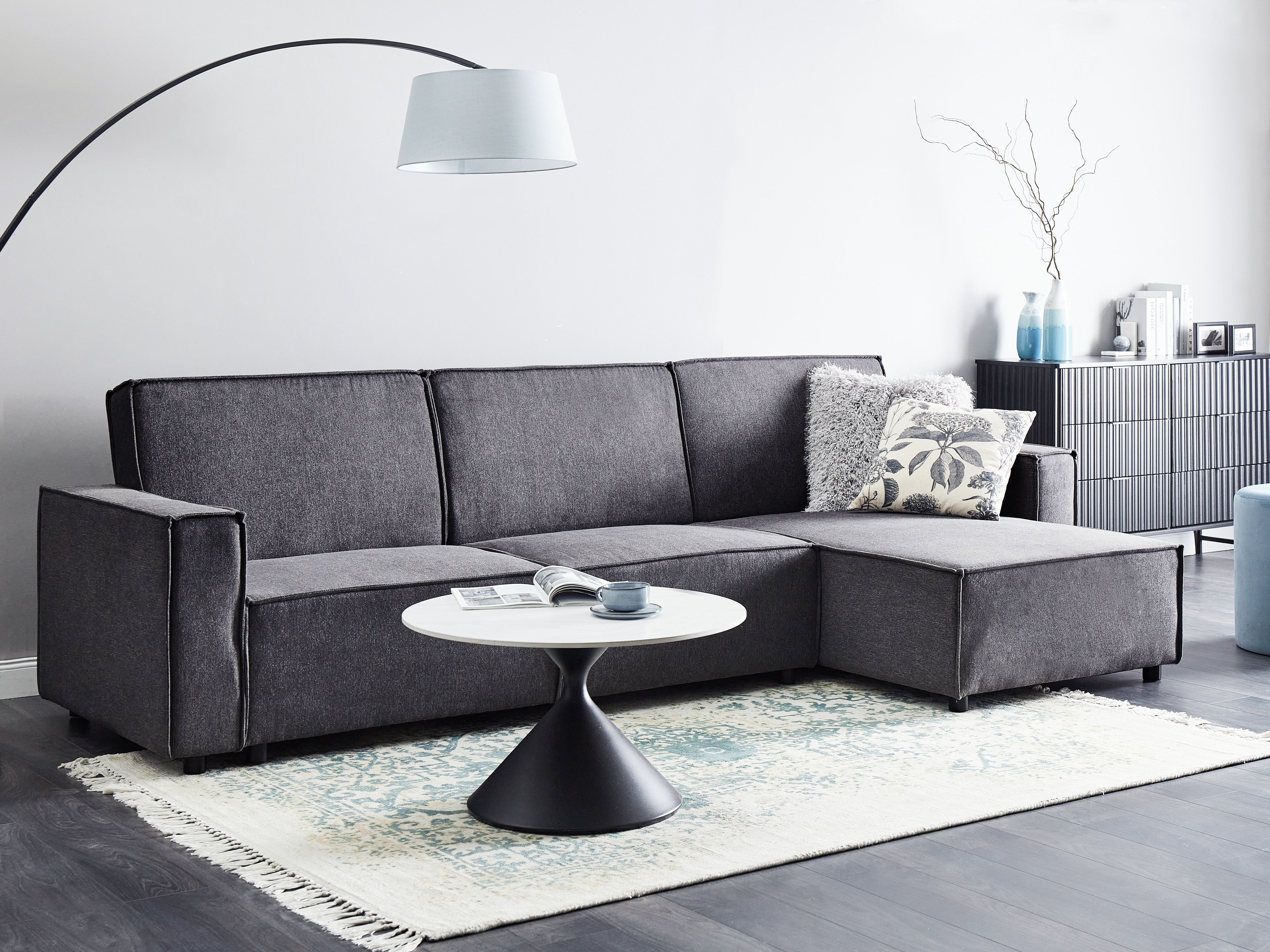 Corner Sofa Bed 3 Seater ROMEDAL II Fabric Graphite Grey Left Hand