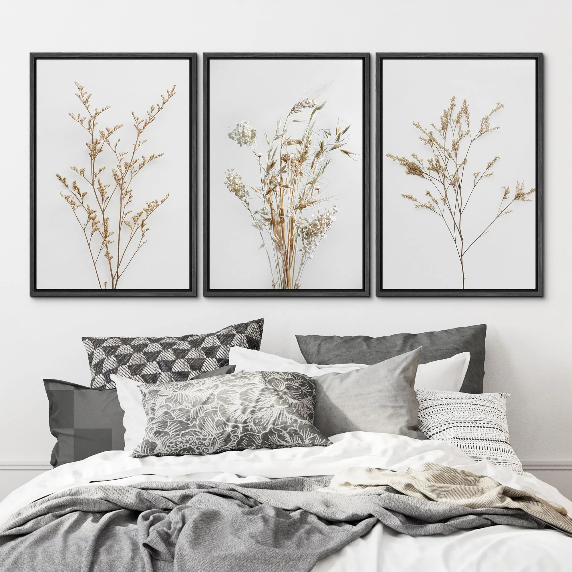 IDEA4WALL Framed Canvas Print Wall Art Set of 3 Wildflower Floral Botanical Prints, Modern Farmhouse Flowers Wall Decor, Large Wall Art, Minimalist Artwork for Home Decor - Black 16