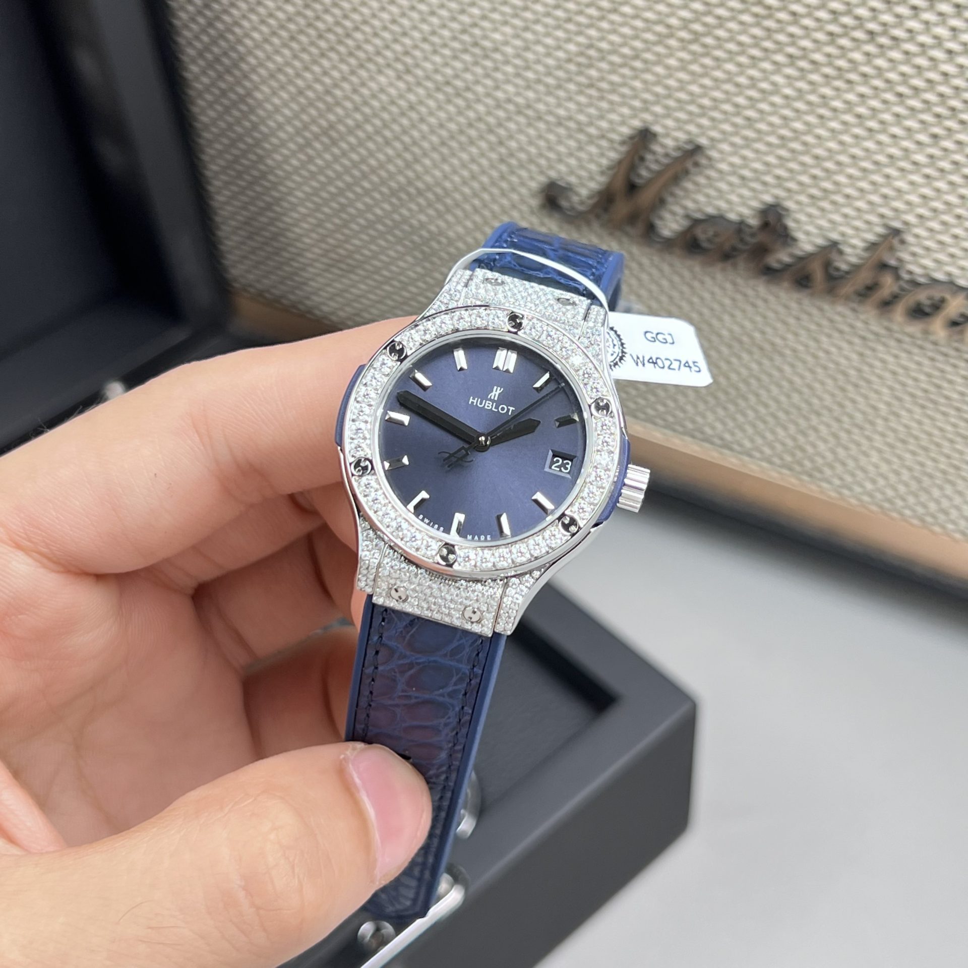 Hublot Replica Watch Classic Fussion Custom Blue Dial Moissanite Diamonds 33mm - Elite Watch Atelier