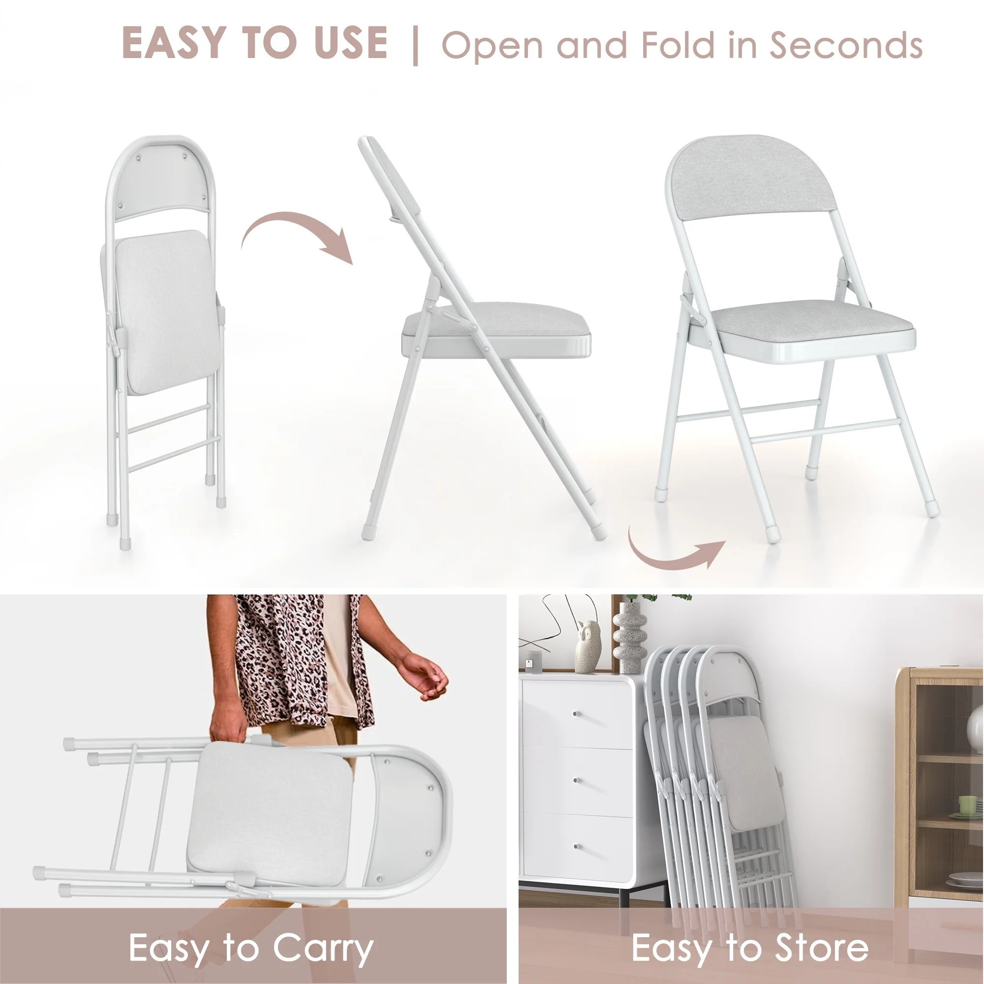 VECELO Set of 4 Folding Chairs, Fabric Dining Chair Set with Padded Cushion and Back, Indoor Outdoor Upholstered Seat with Metal Frame for Home Office Events Wedding Party, Orange - Image 20