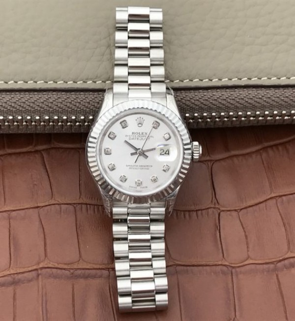 Replica Rolex DateJust 28mm Fluted Bezel White Dial Diamonds Markers Bracelet A2236 - Elite Watch Atelier