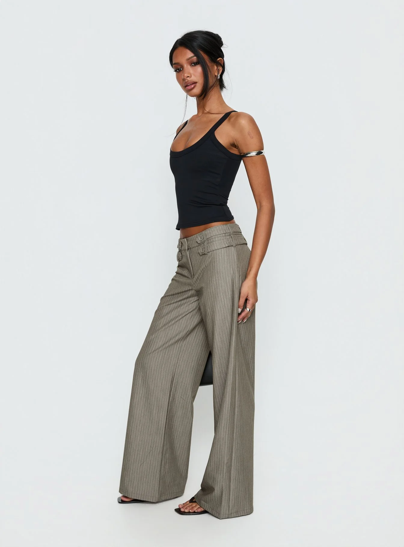 Princess Polly Jette Tailored Buckle Pant Taupe Pinstripe