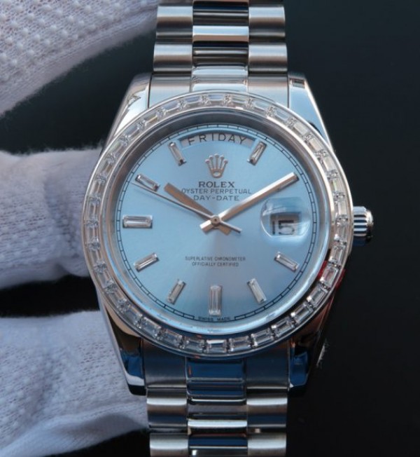Replica Rolex Day-Date SS Diamonds Bezel Ice Blue Dial Crystal Markers SS Bracelet A3255 - Elite Watch Atelier