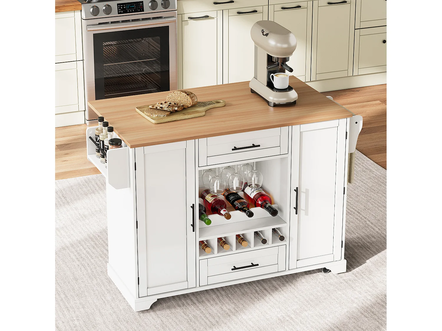 Îlot central de cuisine à roulettes avec 2 portes, 2 tiroirs et casier à vin -Blanc - Bois MDF