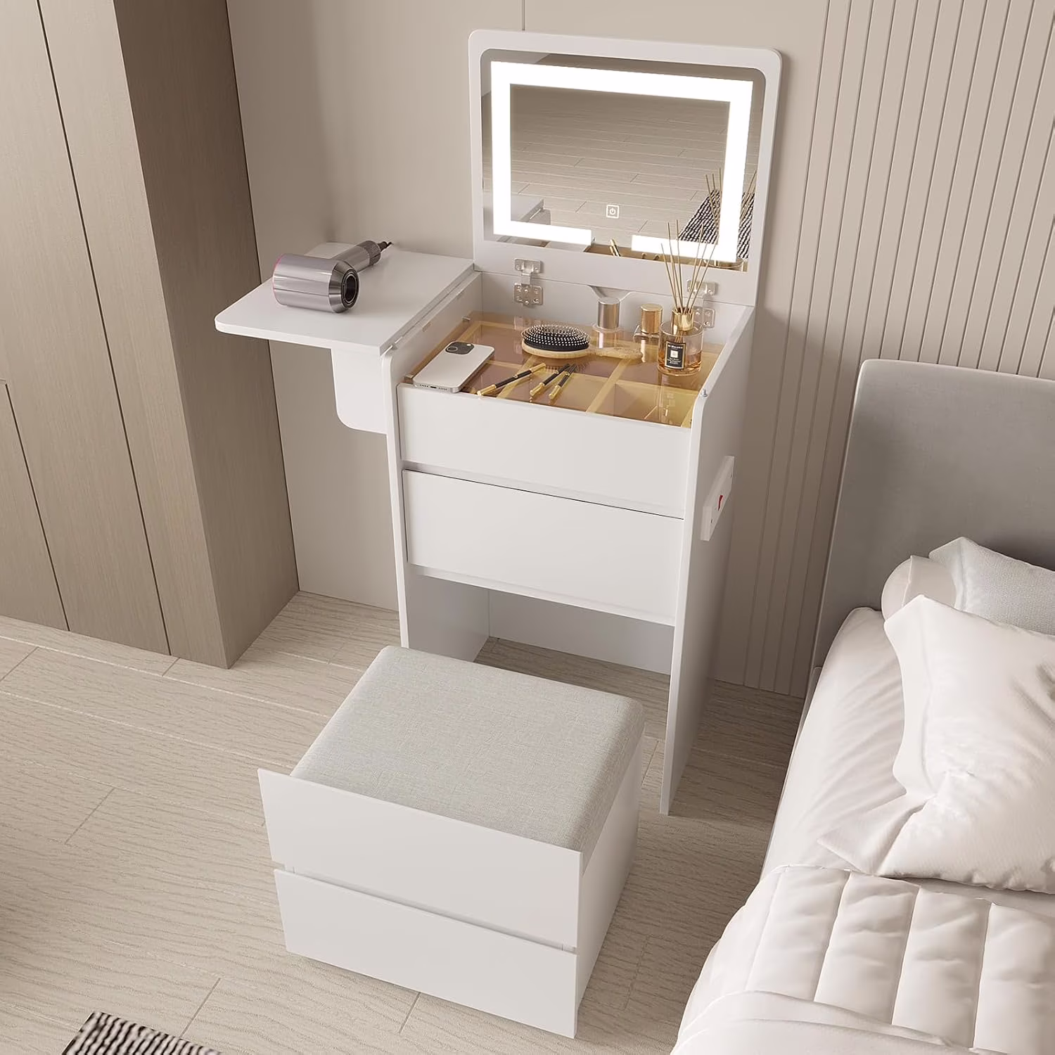 Vanity Desk with Flip Top Lighted Mirror, Compact Makeup Table with Storage Stool, Integrated Vanity with Drawers, 3-in-1 Vanity Set, Small Dressing Desk for Bedroom