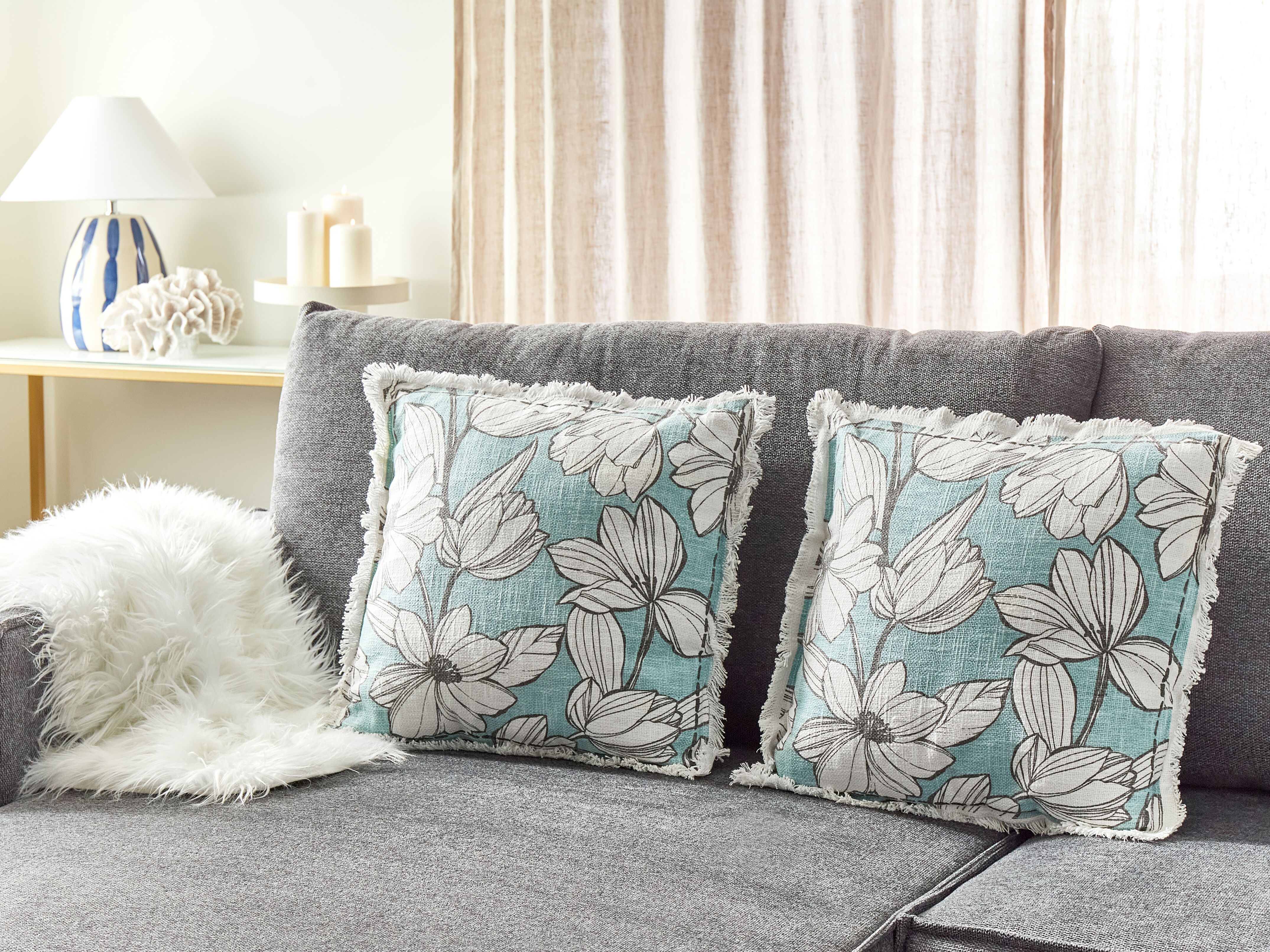 Set of 2 Decorative Cushions CYANOTIS Cotton 45 x 45 cm Light Blue Floral Pattern