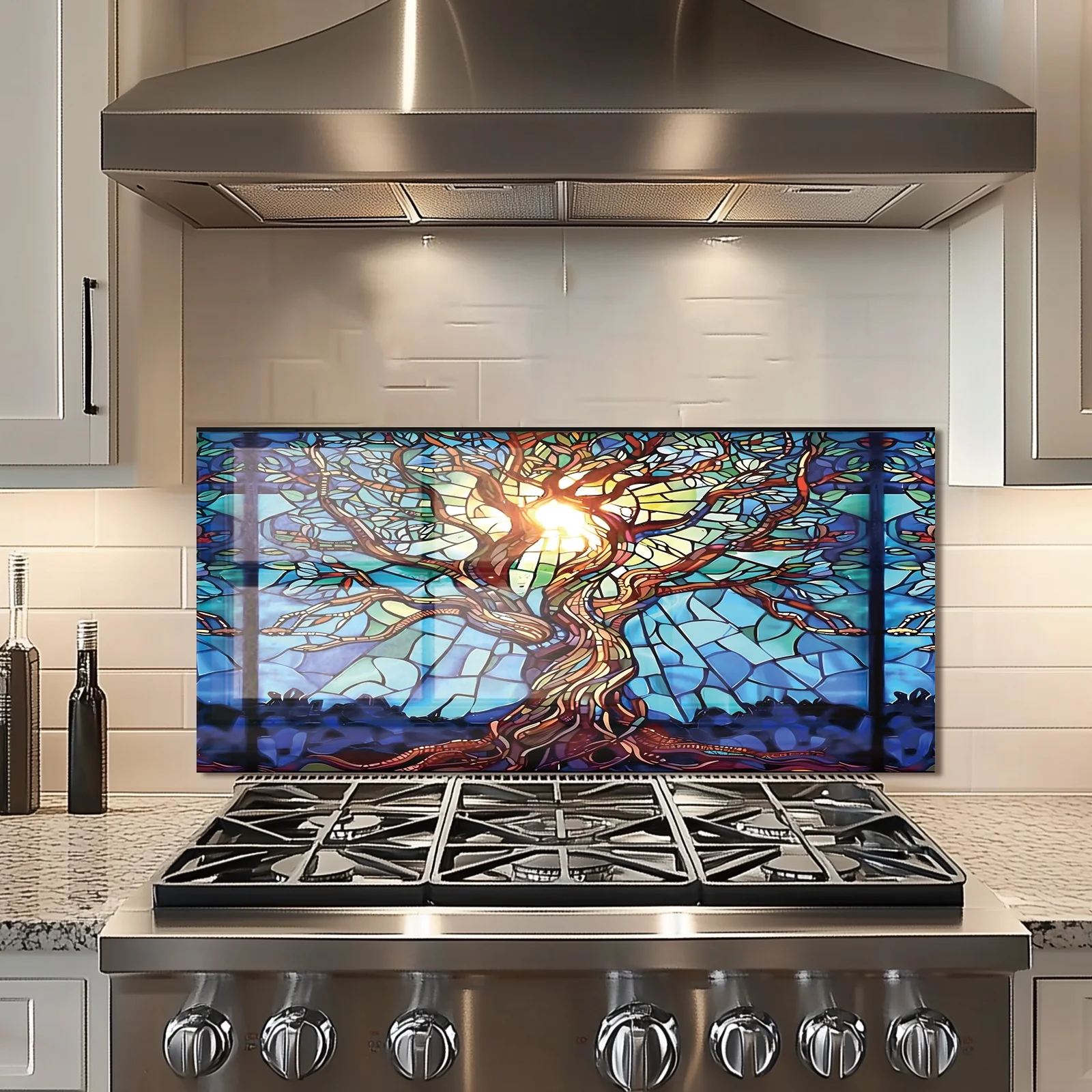 Mosaic Tree of Life Tempered Glass Backsplash For Kitchen Behind Stove,Stove Back Top Cover,Easy to Clean Glass Splashback, Sink Cover Splash Guard,Home Kitchen Wall Decor - Image 8