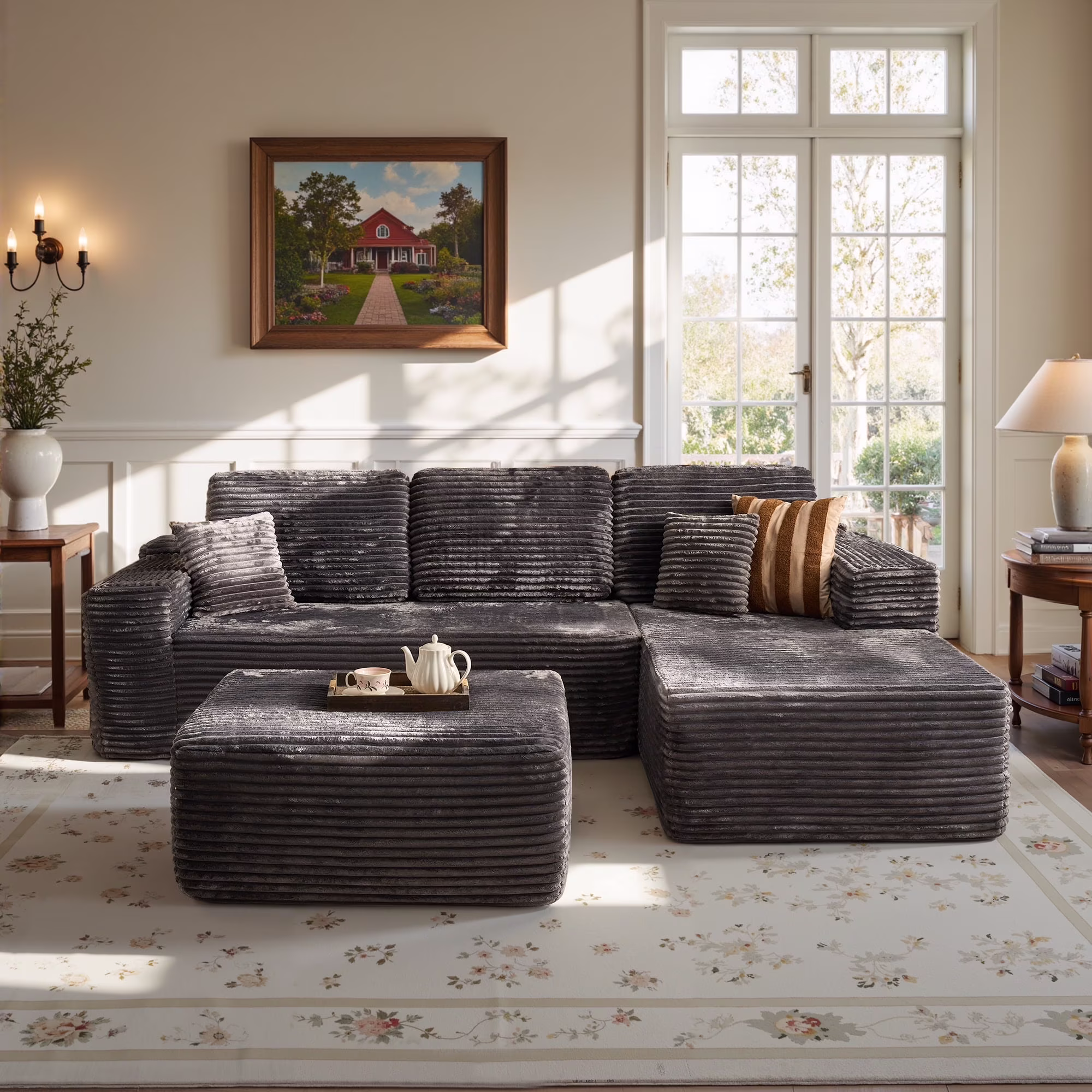 Ovios 106" L-Shaped Sectional Sofa Modern Modular Cloud Couch with Deep Seating Upholstered Sofa for Living Room Bedroom, No Assembly Required, Black(Corduroy) - Image 7