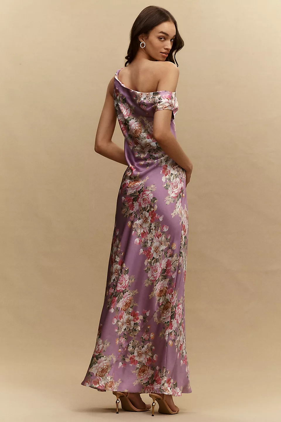 Off-The-Shoulder High-Shine Satin Maxi Dress - Mulberry Cascading Blooms